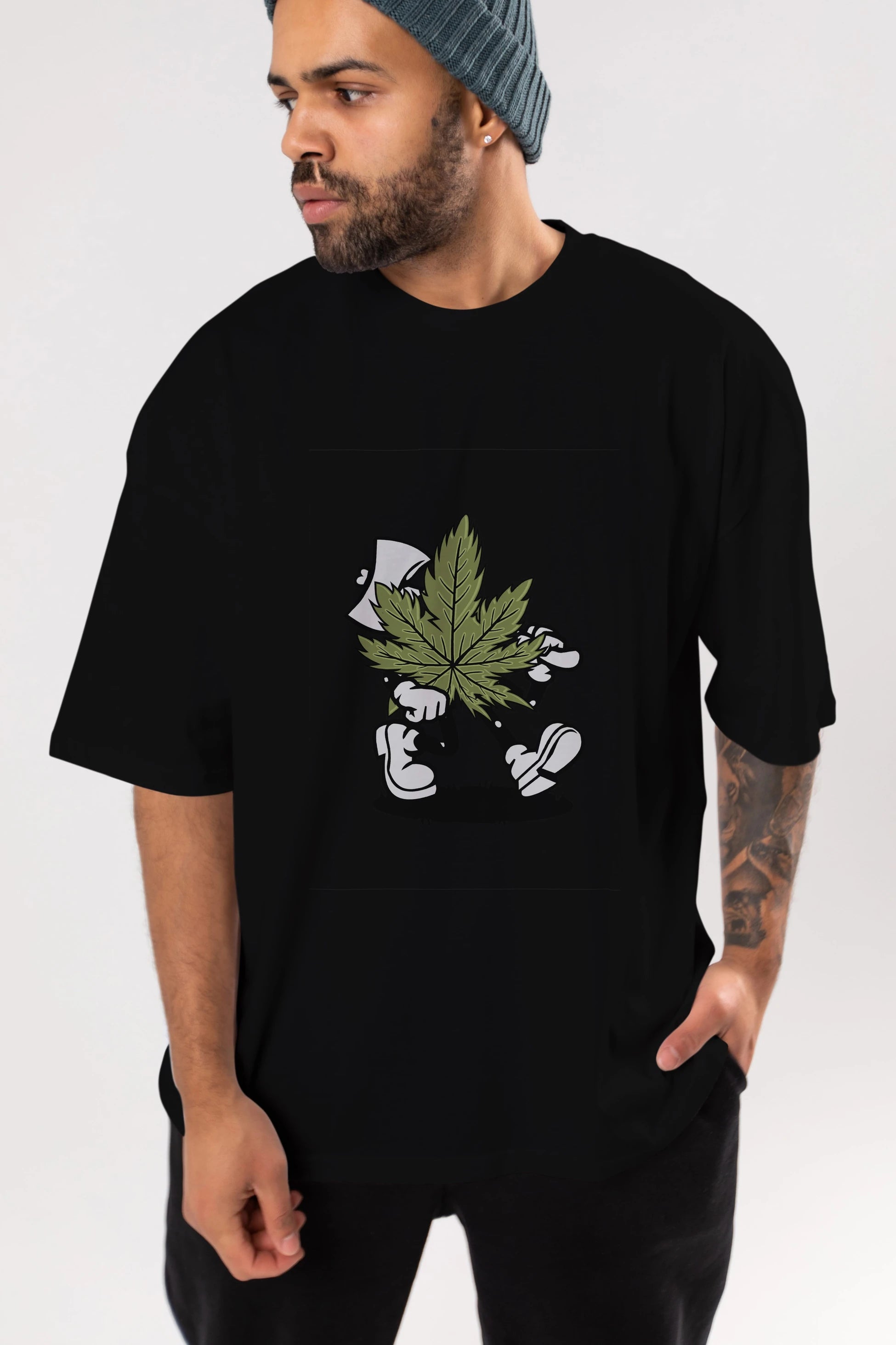 Weed Ön Baskılı Oversize t-shirt Erkek Kadın Unisex %100 Pamuk tişort