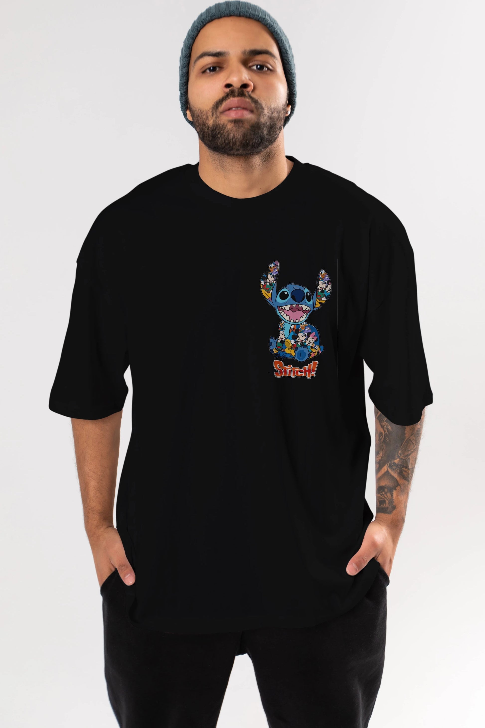 Stitch Ön Sol Baskılı Oversize t-shirt Erkek Kadın Unisex %100 Pamuk Bisiklet Yaka tişort