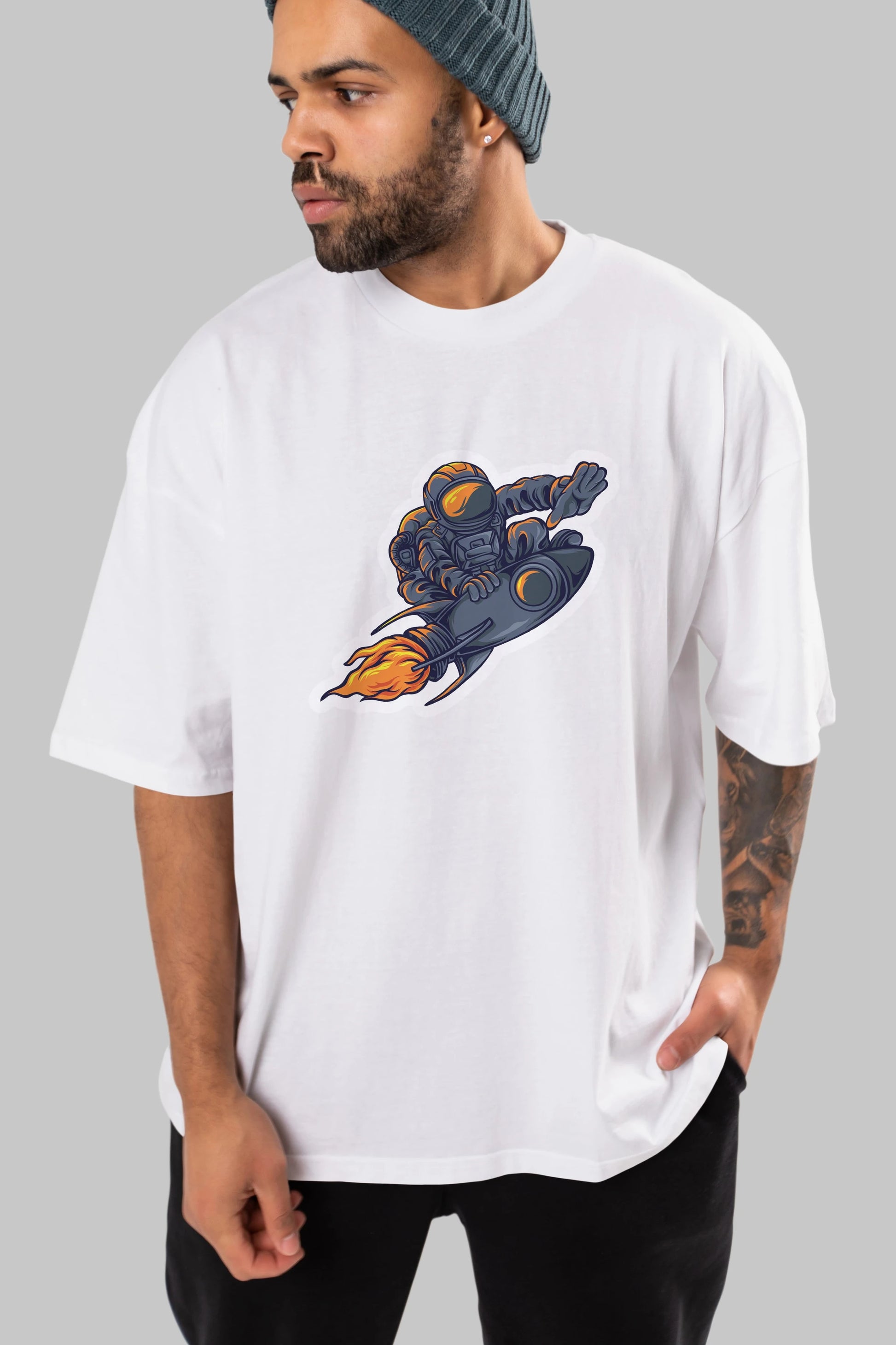 Astrocket Illustration Sticker Ön Baskılı Oversize t-shirt Erkek Kadın Unisex