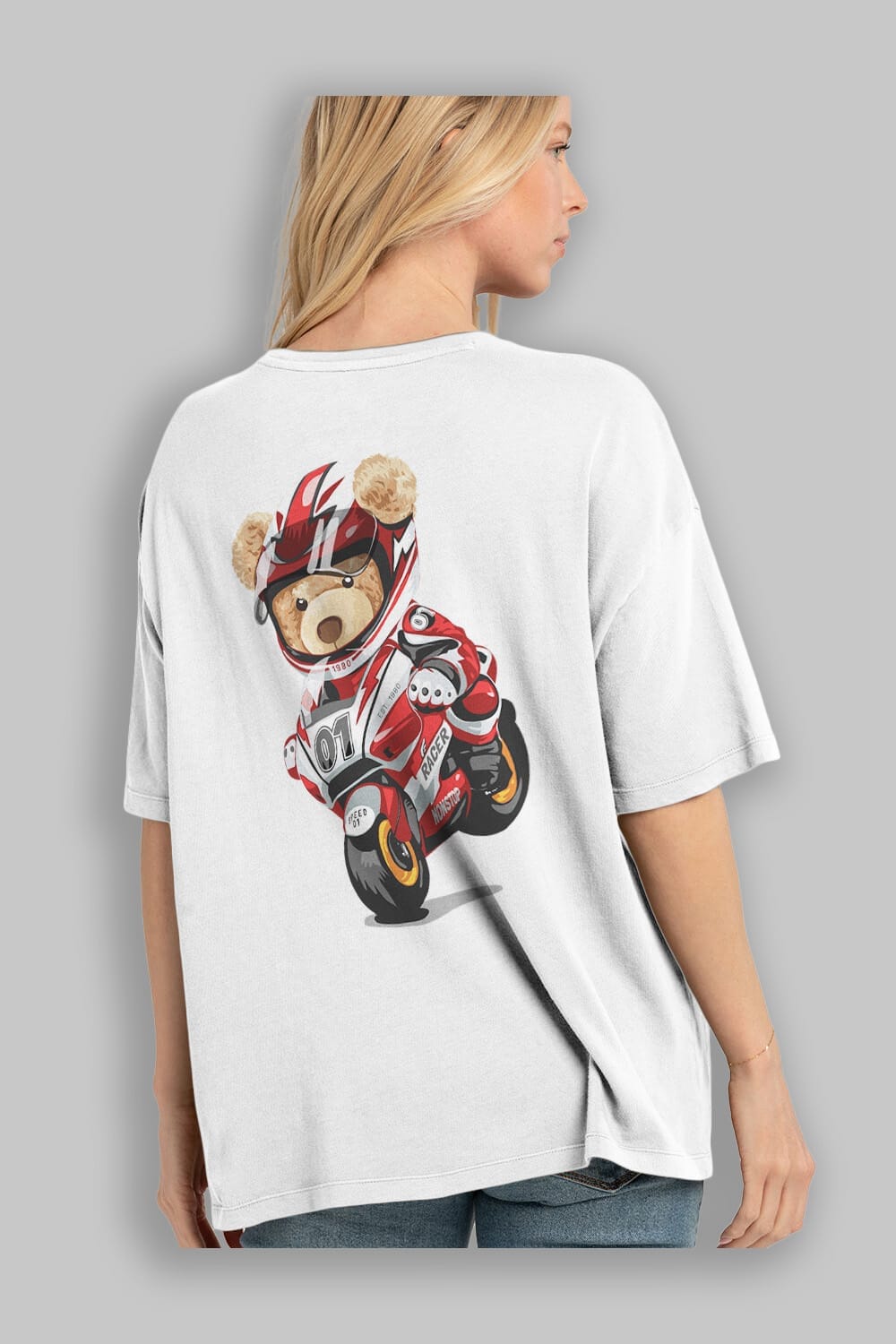 Teddy Bear Racer Arka Baskılı Oversize t-shirt Erkek Kadın Unisex %100 Pamuk