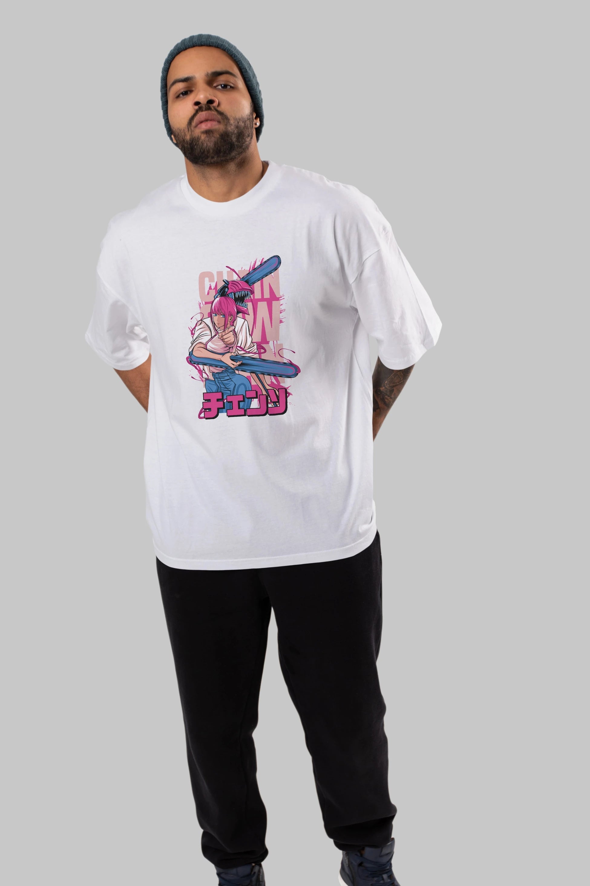 DENJI and MAKIMA Anime Ön Baskılı Oversize t-shirt %100 pamuk Erkek Kadın Unisex