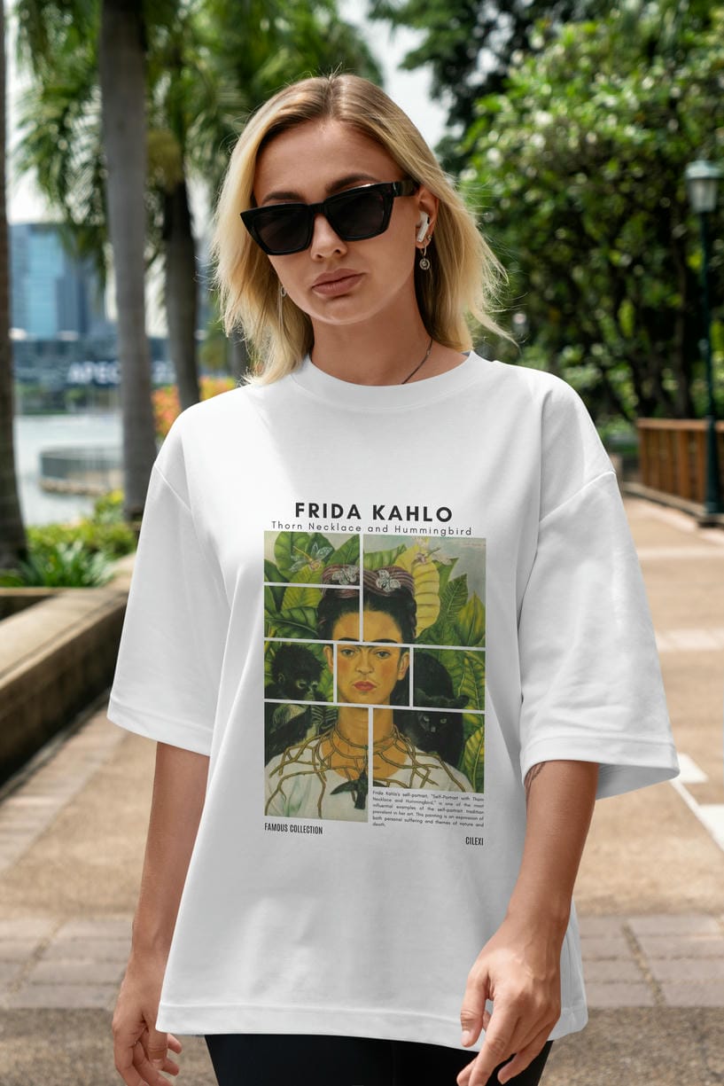 Frida Kahlo ön Baskılı Oversize t-shirt Erkek Kadın Bisiklet Yaka Pamuk tişort