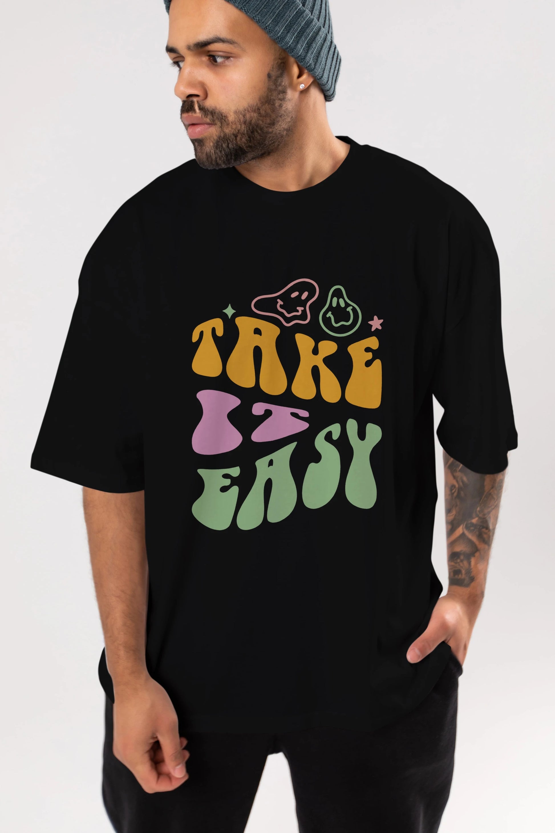 Take it Easy Yazılı Ön Baskılı Oversize t-shirt Erkek Kadın Unisex