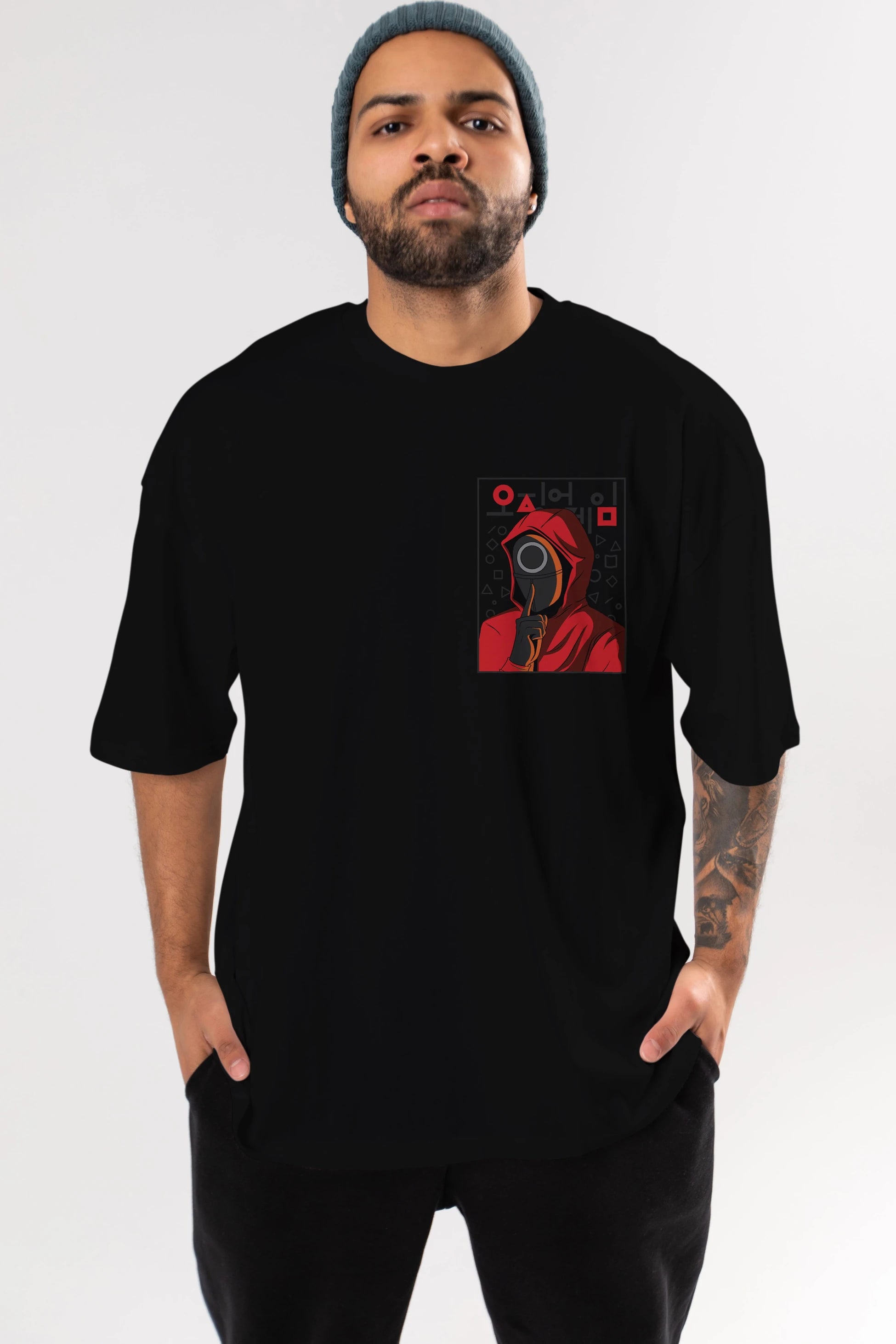 Squid Game (5) Ön Sol Baskılı Oversize t-shirt Erkek Kadın Unisex %100 Pamuk Bisiklet Yaka tişort