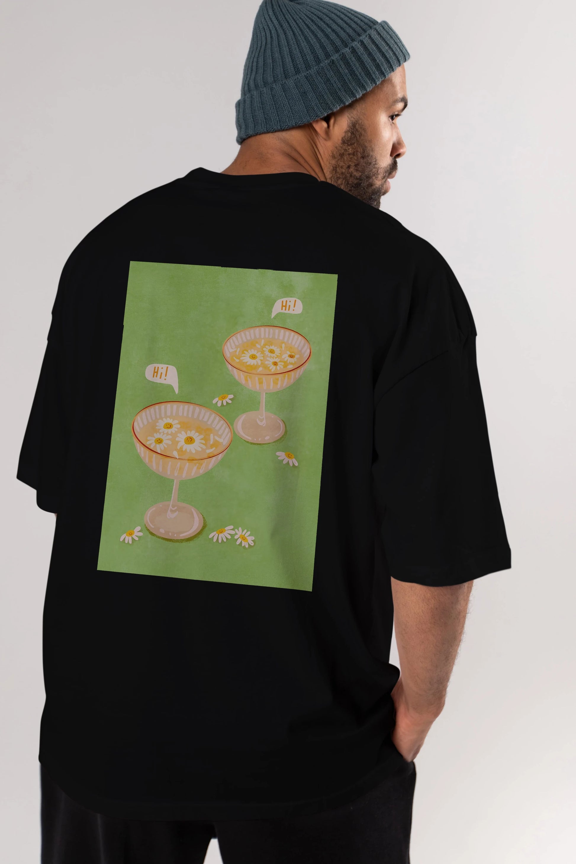 Hi Cheers Arka Baskılı Oversize t-shirt Erkek Kadın Unisex %100 Pamuk Bisiklet Yaka tişort