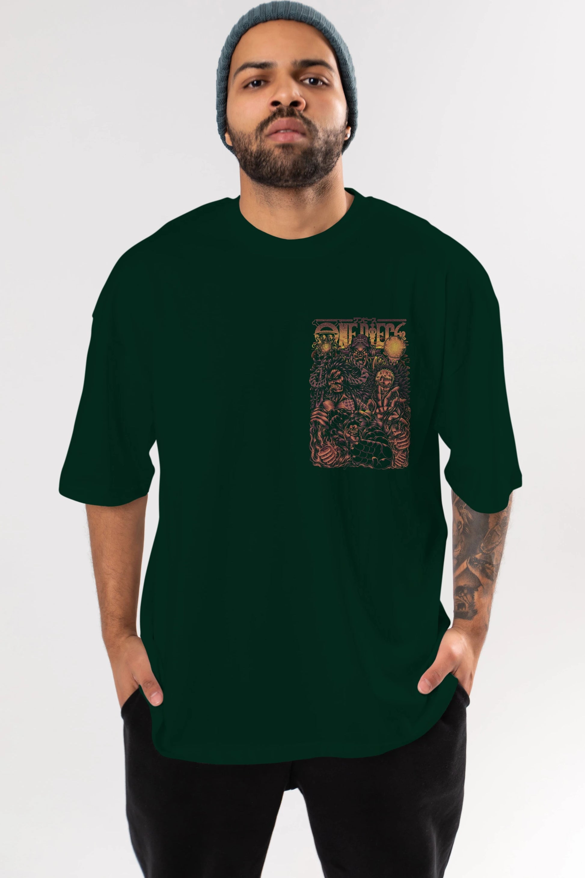 ONE PIECE Ön Sol Baskılı Oversize t-shirt Erkek Kadın Unisex %100 Pamuk Bisiklet Yaka tişort