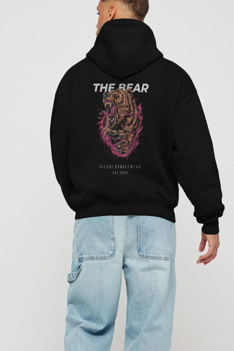 The Bear Arka Baskılı Hoodie Oversize Kapüşonlu Sweatshirt Erkek Kadın Unisex