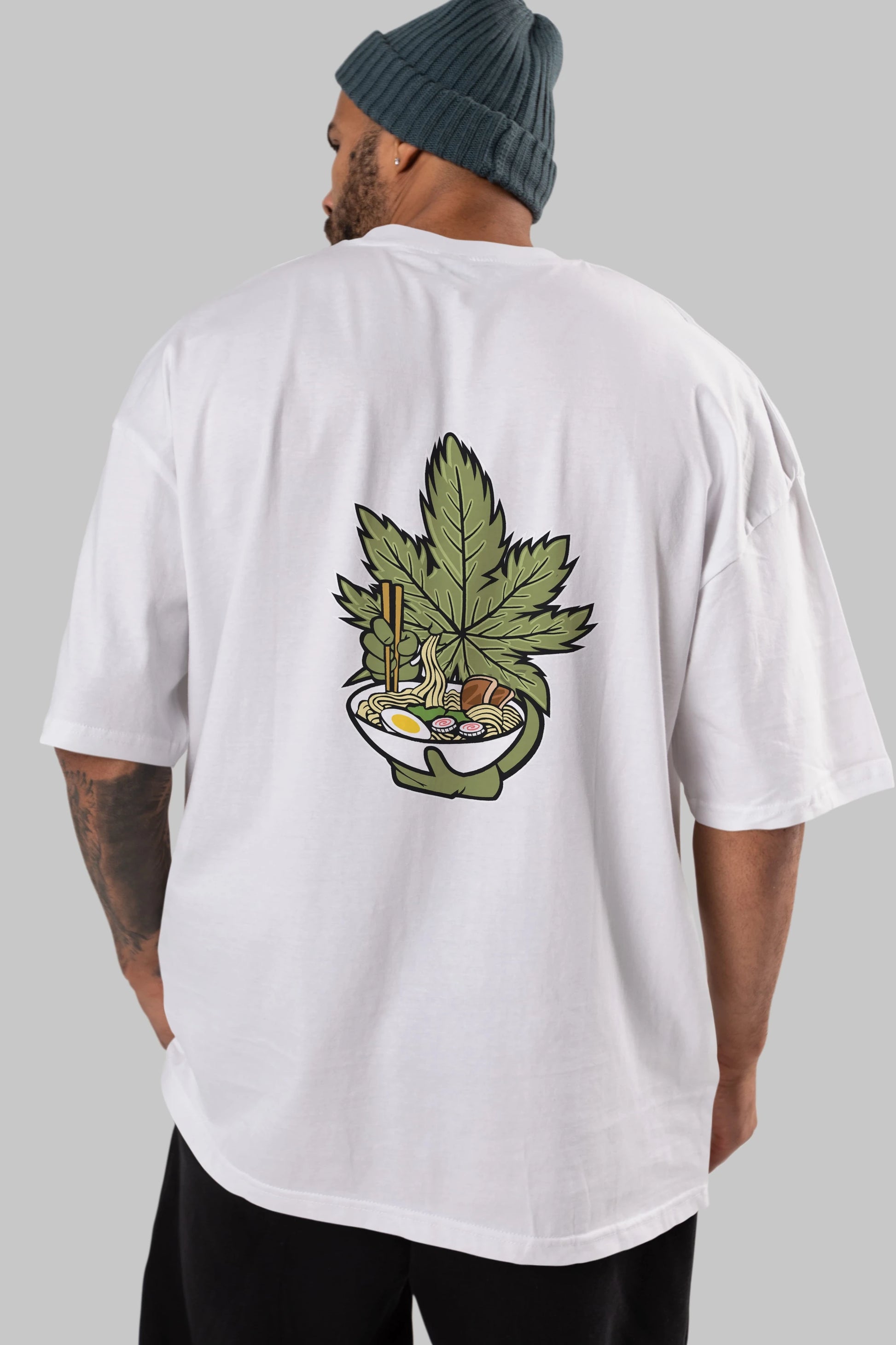 Weed Ramen Arka Baskılı Oversize t-shirt Erkek Kadın Unisex %100 Pamuk tişort