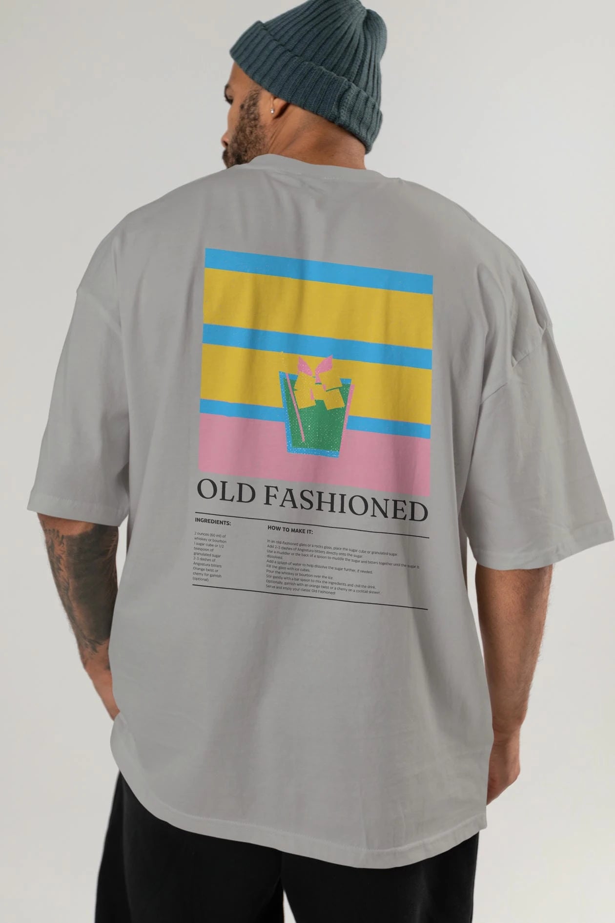 Old Fashioned Kokteyl Serisi Arka Baskılı Oversize t-shirt Erkek Kadın %100 Pamuk Bisiklet Yaka tişort