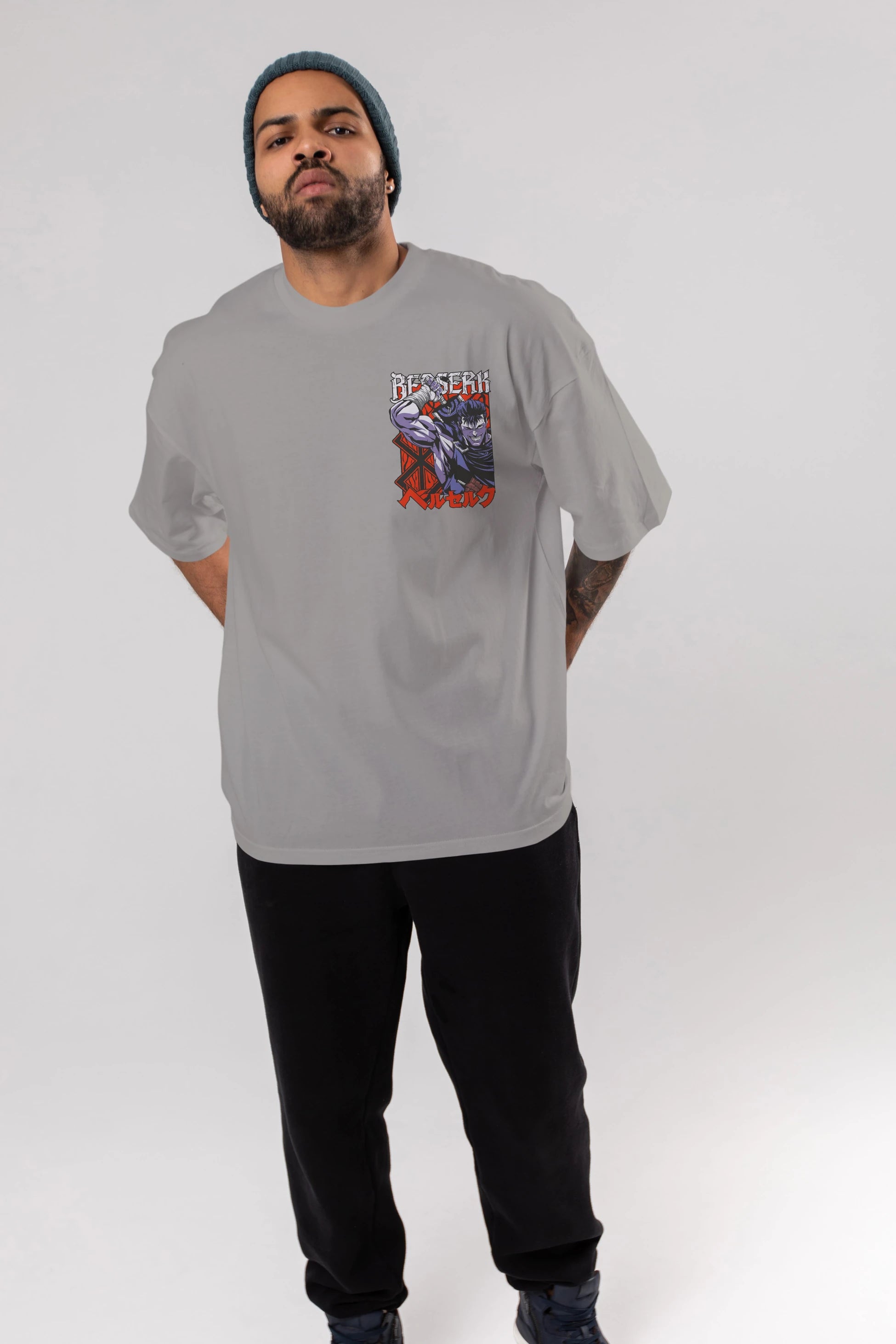 GUTS berserk Ön Sol Baskılı Oversize t-shirt Erkek Kadın Unisex %100 Pamuk Bisiklet Yaka tişort