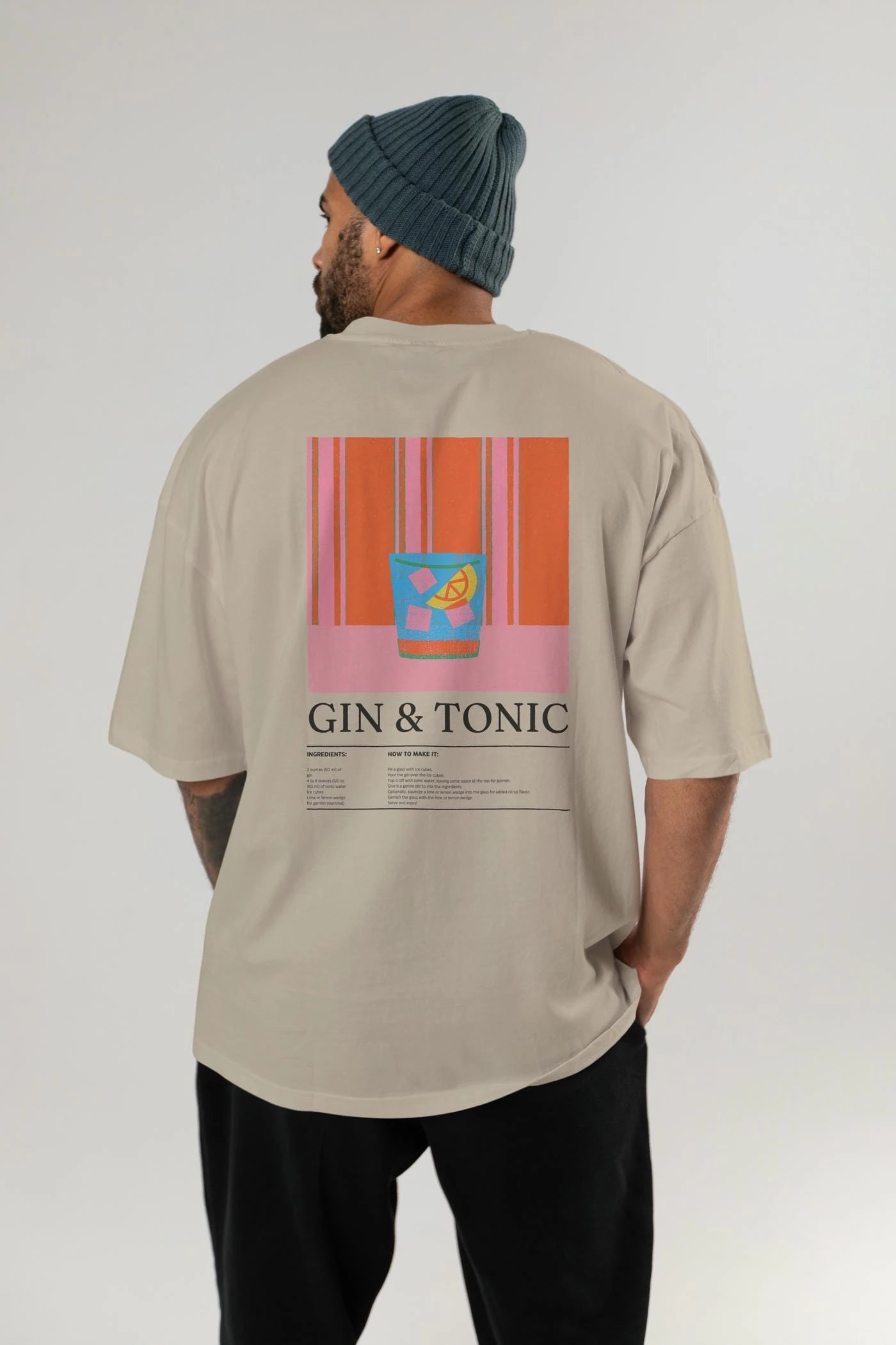 Gin Tonic Kokteyl Serisi Arka Baskılı Oversize t-shirt Erkek Kadın %100 Pamuk Bisiklet Yaka tişort