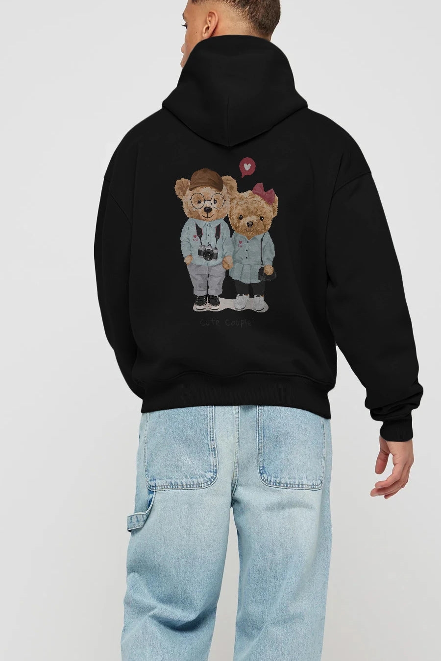 Teddy Bear Cute Couple Arka Baskılı Hoodie Oversize Kapüşonlu Sweatshirt Erkek Kadın Unisex