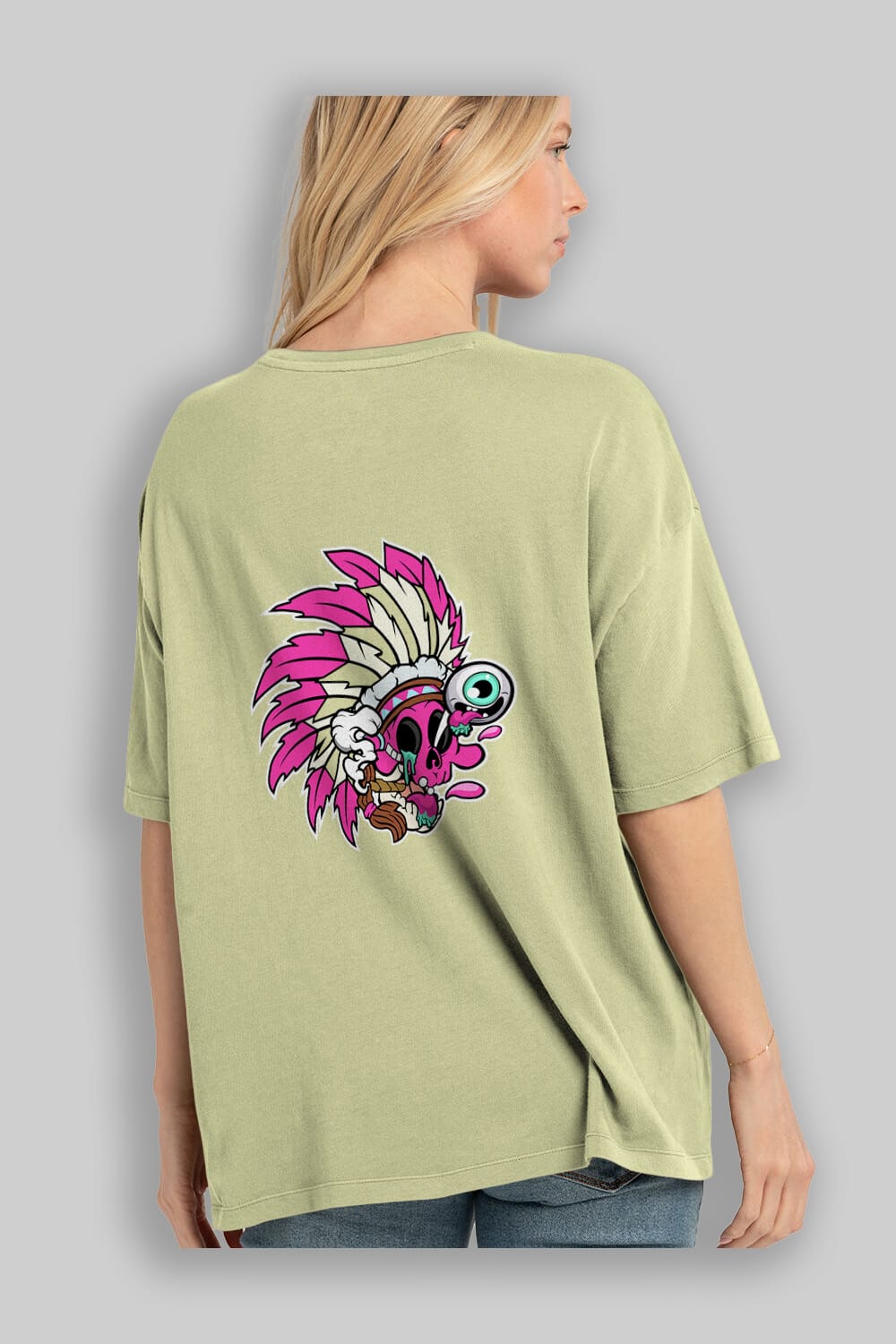 Skull Indian Arka Baskılı Oversize t-shirt Erkek Kadın Unisex %100 Pamuk tişort