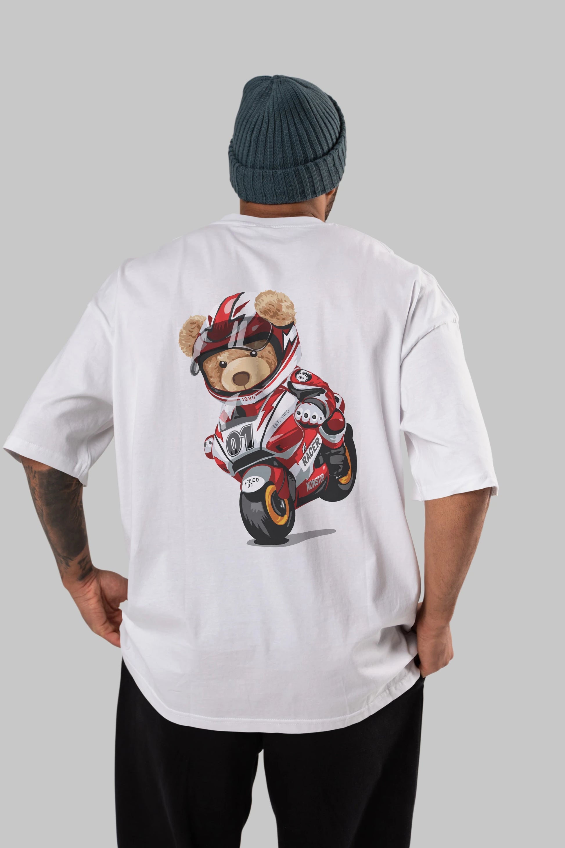 Teddy Bear Racer Arka Baskılı Oversize t-shirt Erkek Kadın Unisex %100 Pamuk
