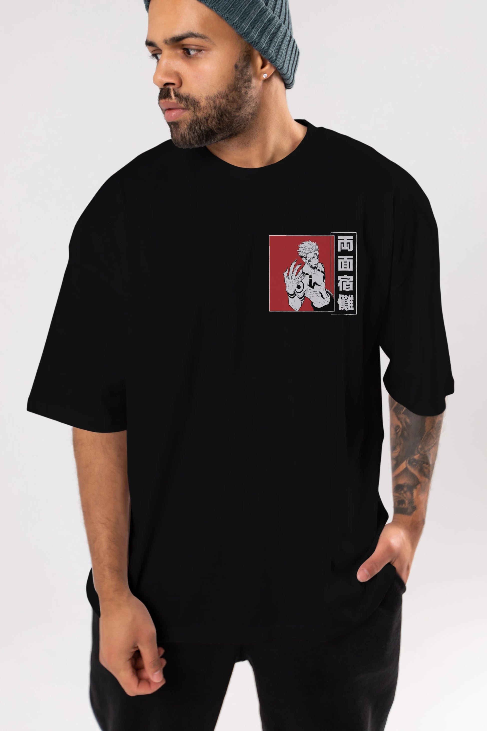 Sukuna Ryoumen 2 Ön Sol Baskılı Oversize t-shirt Erkek Kadın Unisex %100 Pamuk Bisiklet Yaka tişort