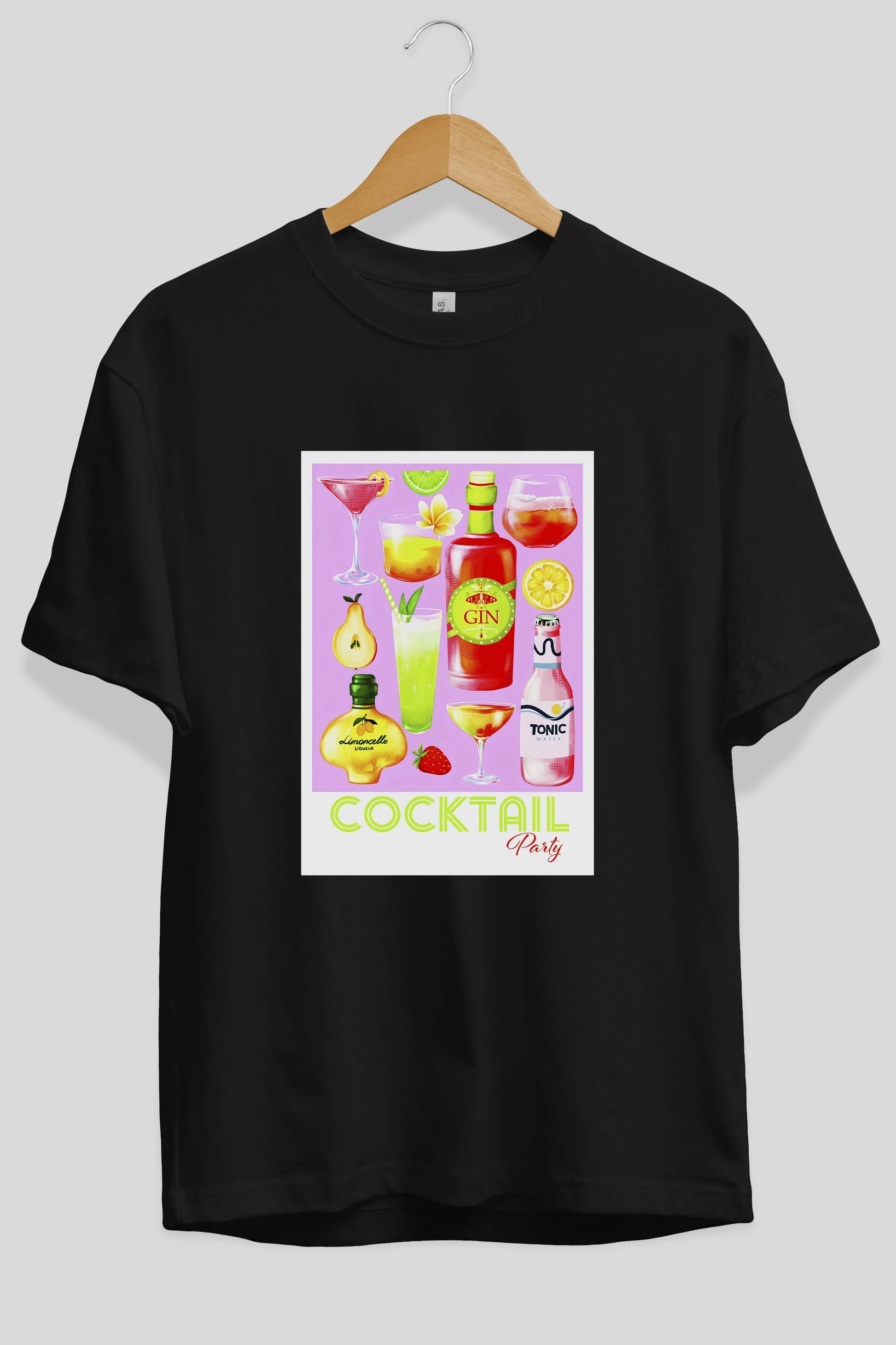 Cocktail Party Ön Baskılı Oversize t-shirt Erkek Kadın Unisex %100 Pamuk Bisiklet Yaka tişort
