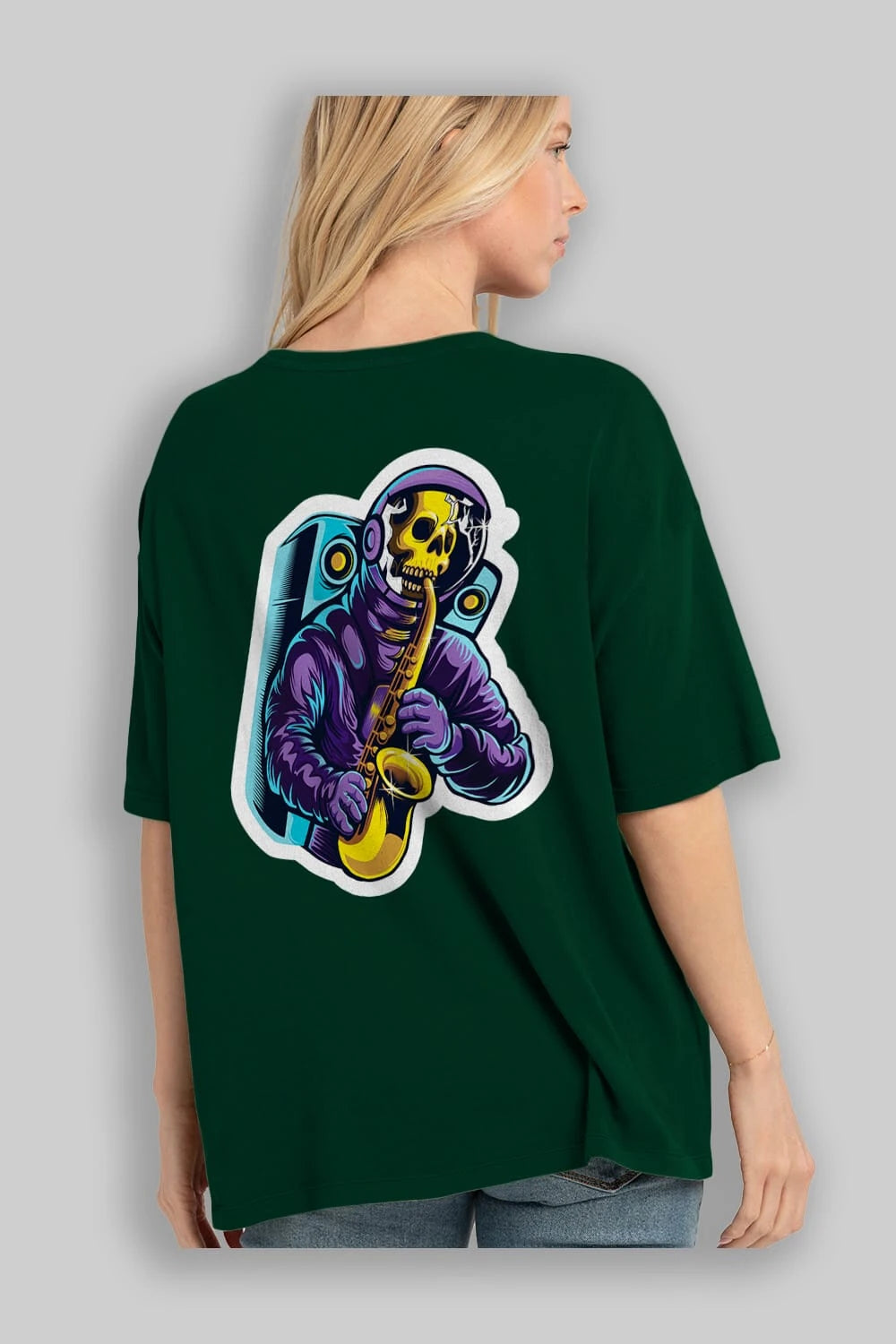 Astroskull Saxophonist Sticker Arka Baskılı Oversize t-shirt Erkek Kadın Unisex