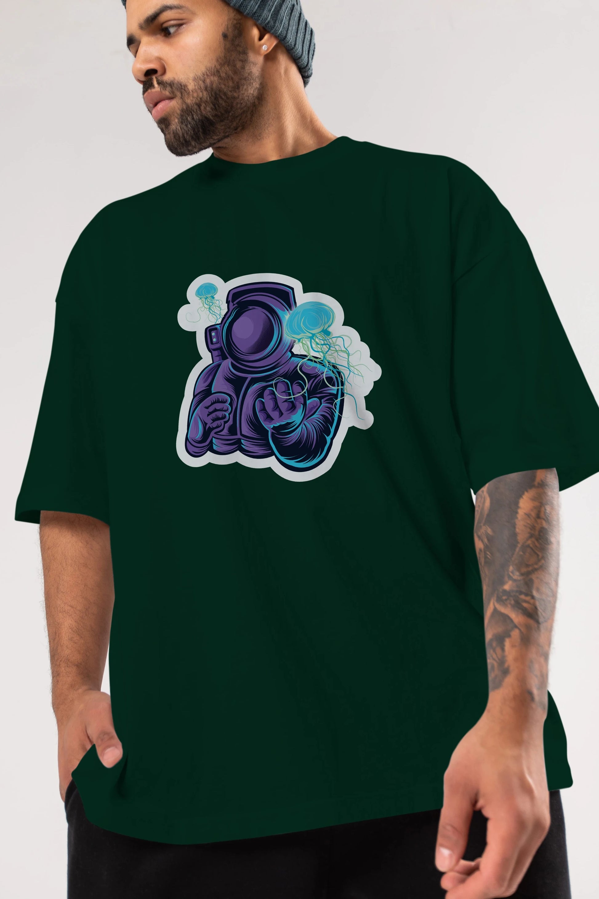Astronaut and Jellyfish Sticker Ön Baskılı Oversize t-shirt Erkek Kadın Unisex
