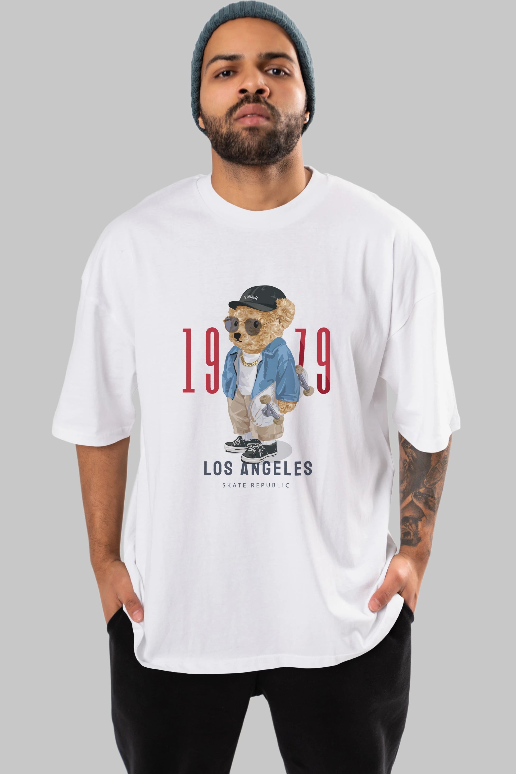 Teddy Bear Los Angeles Ön Baskılı Oversize t-shirt Erkek Kadın Unisex %100 Pamuk
