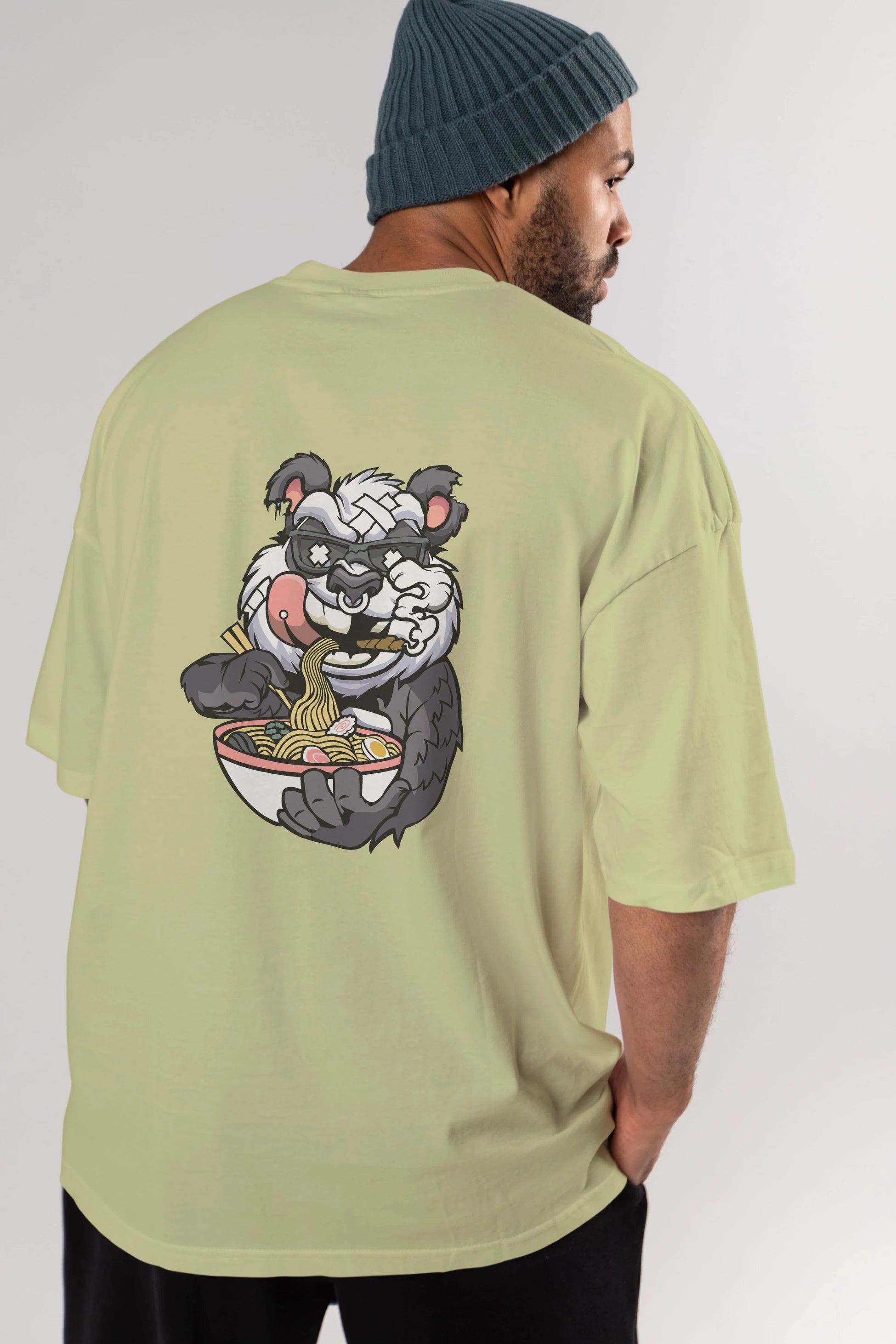 Panda Ramen Arka Baskılı Oversize t-shirt Erkek Kadın Unisex %100 Pamuk tişort