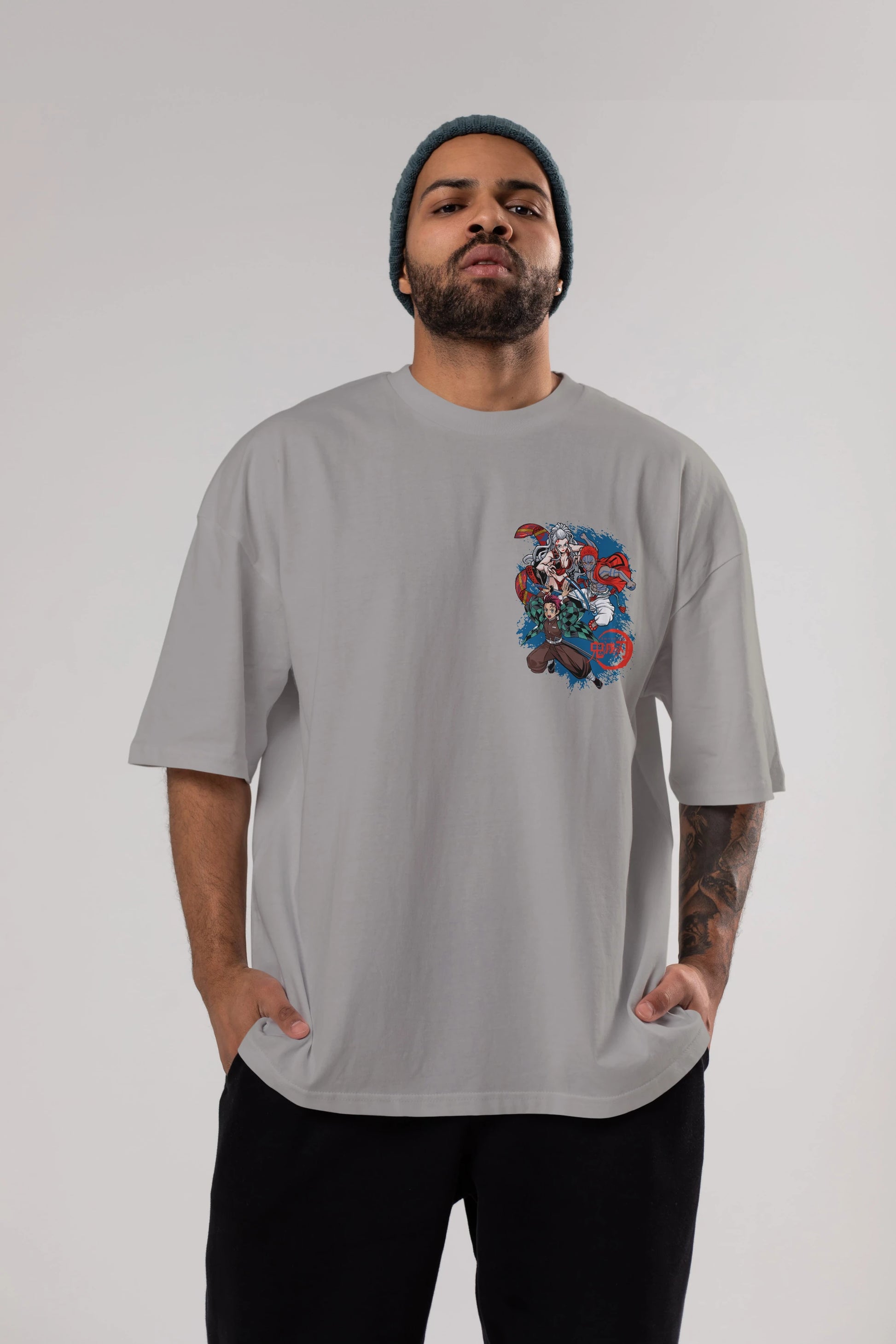TANJIRO ,AKAZA,DAKI Ön Sol Baskılı Oversize t-shirt Erkek Kadın Unisex %100 Pamuk Bisiklet Yaka tişort