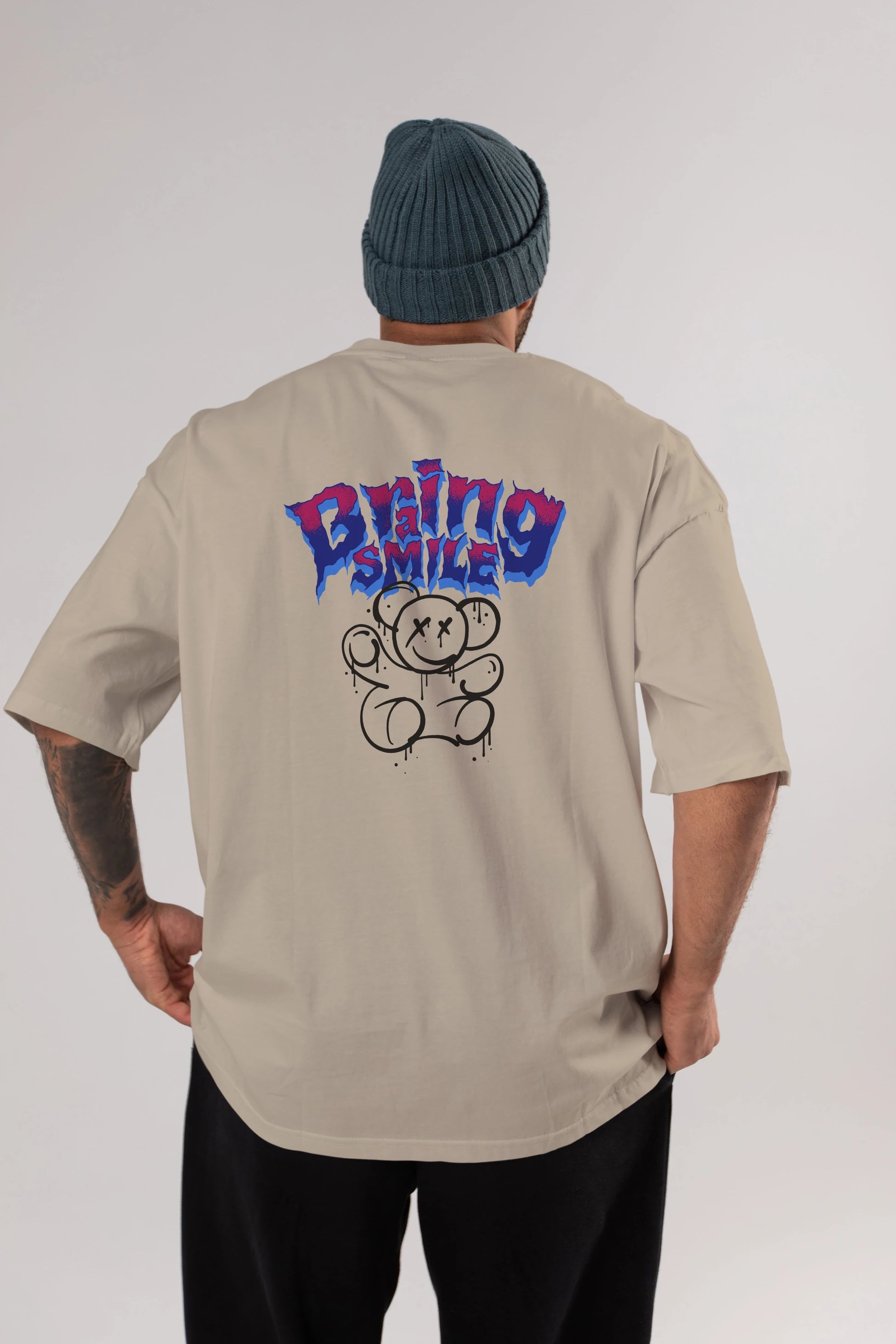 Teddy Bear Braing Smile Arka Baskılı Oversize t-shirt Erkek Kadın Unisex