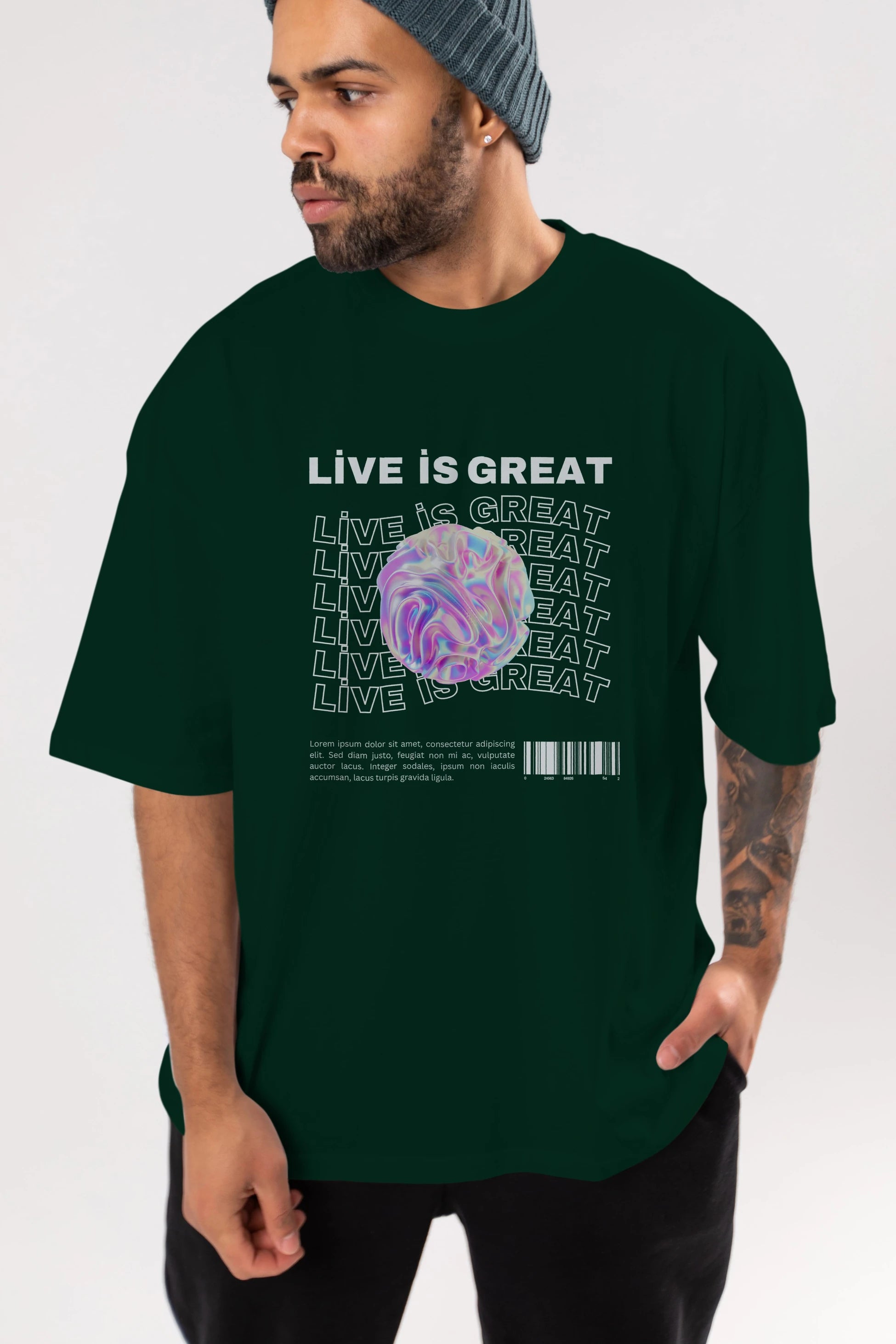 Live is Great Yazılı Ön Baskılı Oversize t-shirt Erkek Kadın Unisex