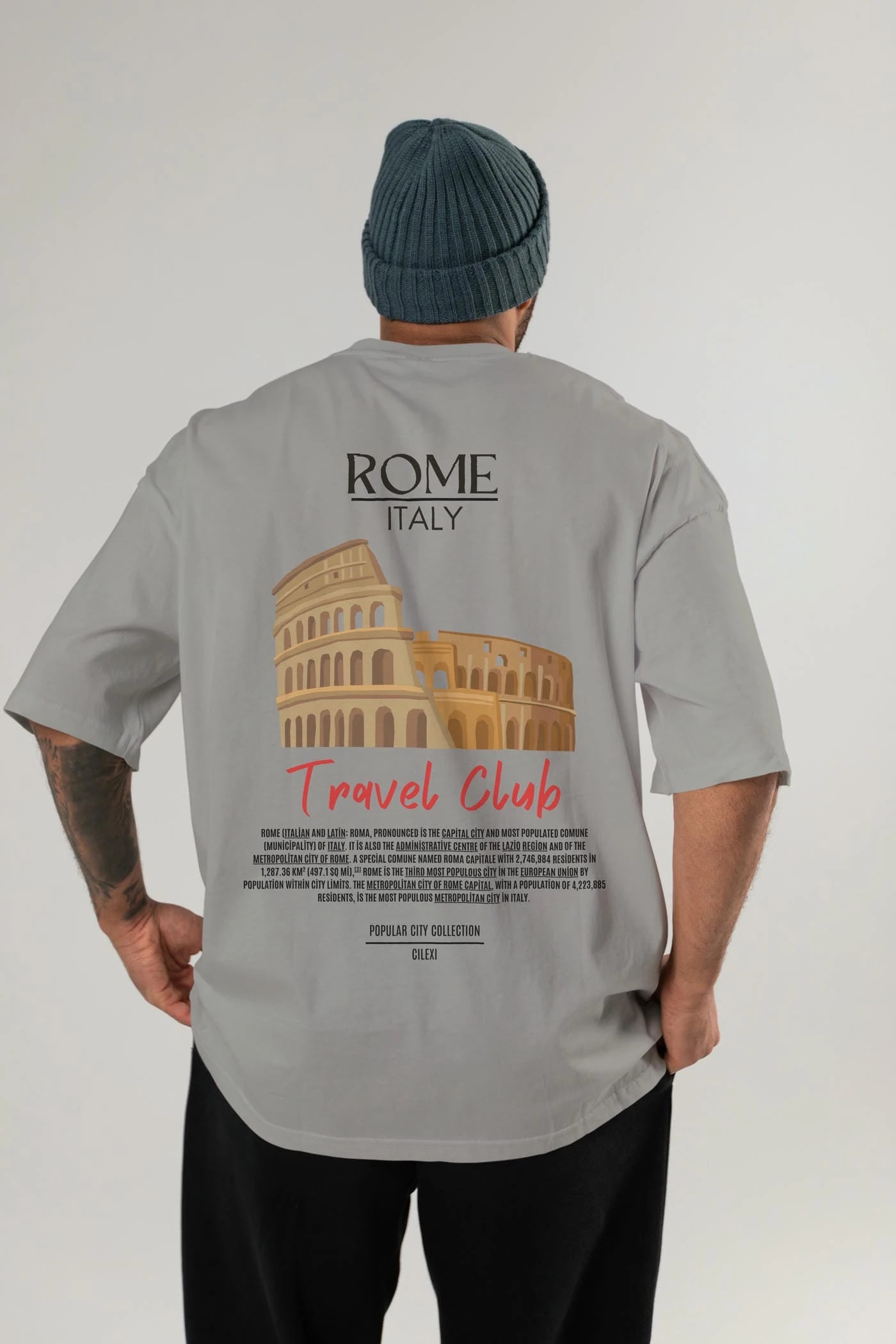 Roma İtaly Arka Baskılı Oversize t-shirt Erkek Kadın Pamuk Bisiklet Yaka tişort
