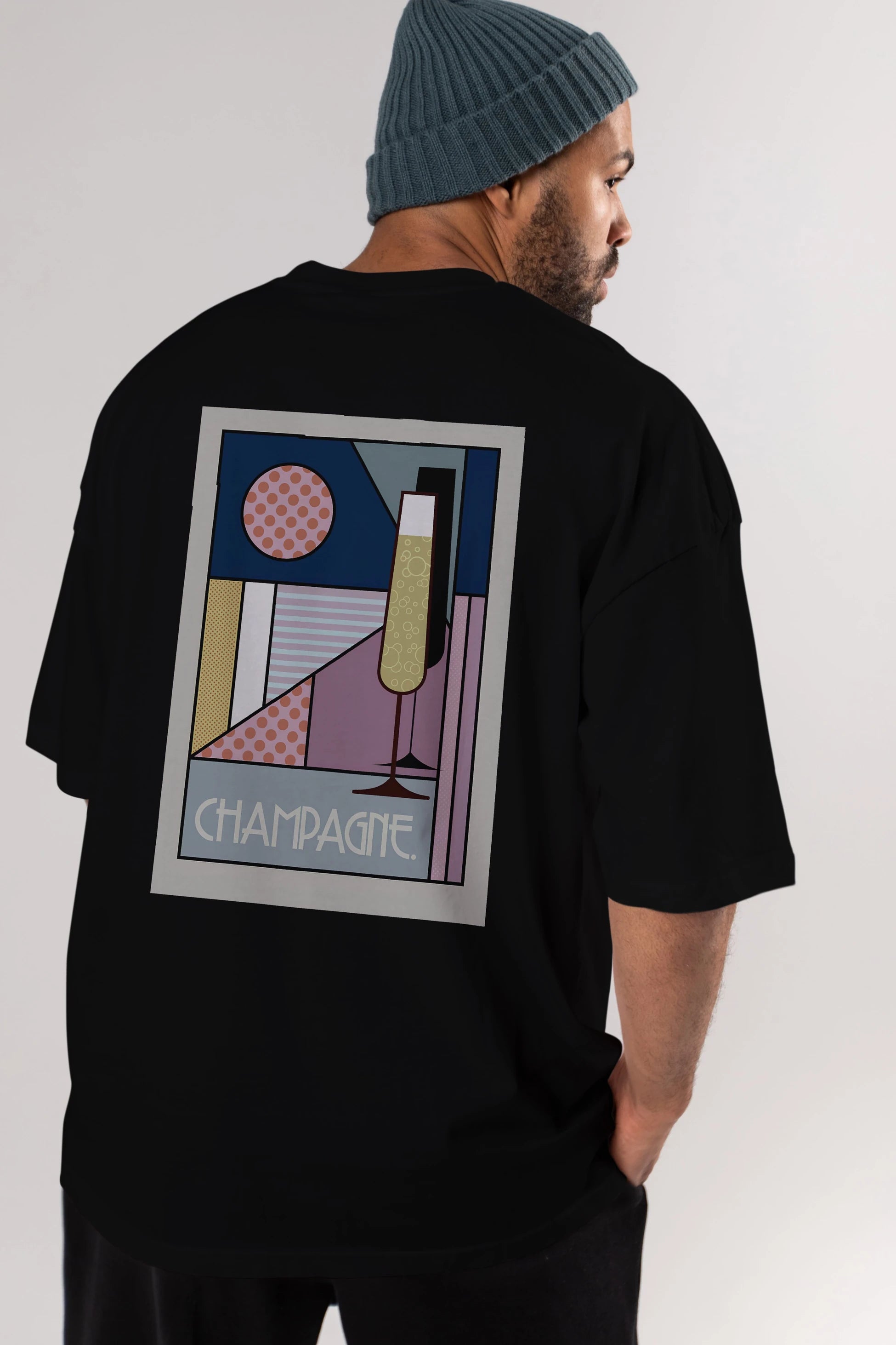 Champagne Arka Baskılı Oversize t-shirt Erkek Kadın Unisex %100 Pamuk Bisiklet Yaka tişort
