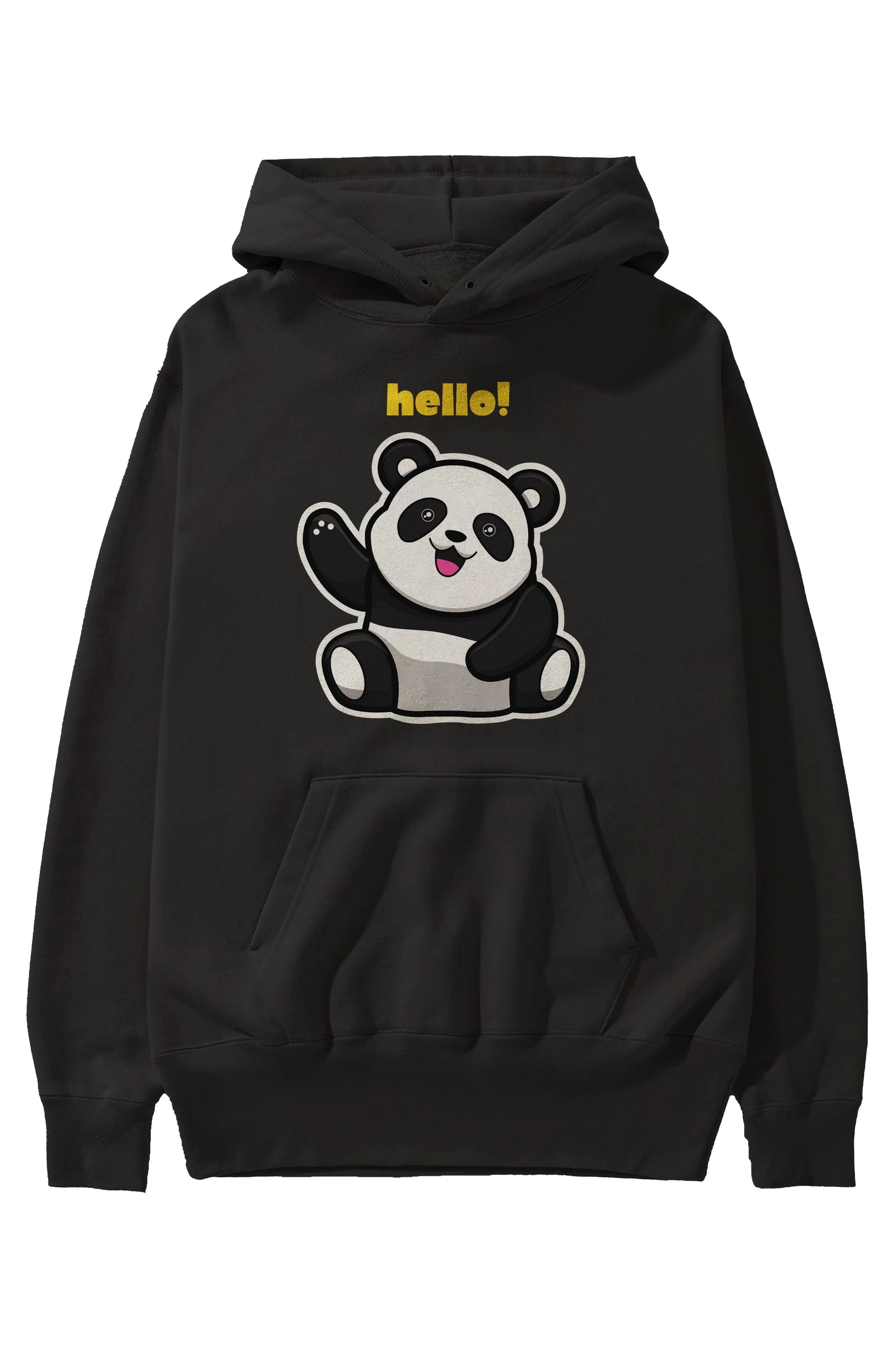 Hello Panda Ön Baskılı Oversize Hoodie Kapüşonlu Sweatshirt Erkek Kadın Unisex
