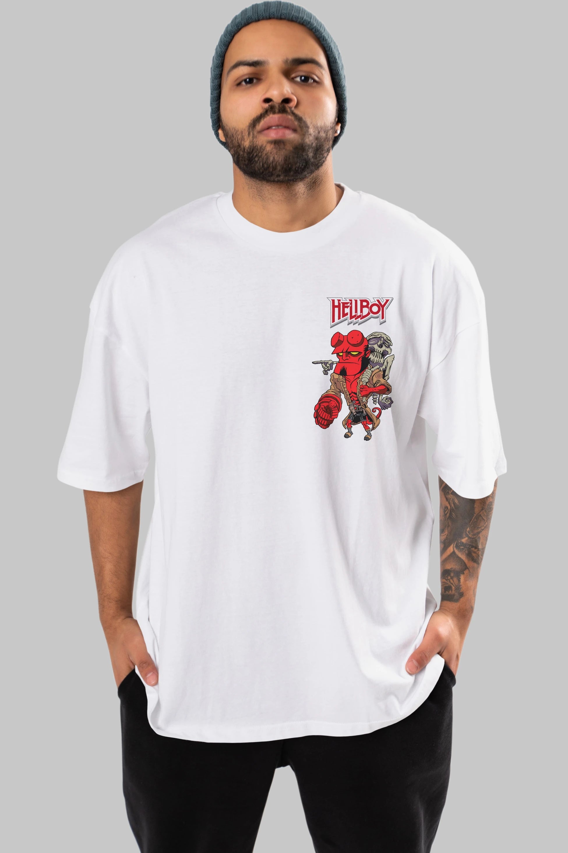 Hellboy (2) Ön Sol Baskılı Oversize t-shirt Erkek Kadın Unisex %100 Pamuk Bisiklet Yaka tişort