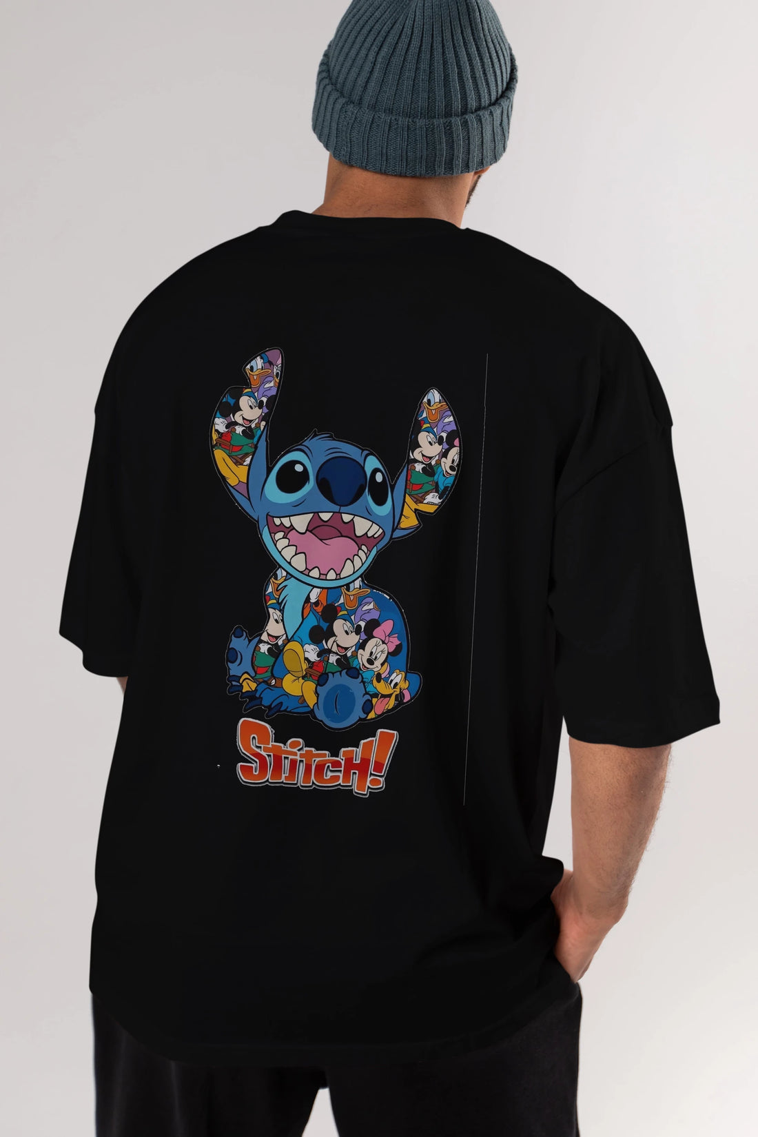 Stitch Arka Baskılı Oversize t-shirt Erkek Kadın Unisex %100 Pamuk Bisiklet Yaka tişort