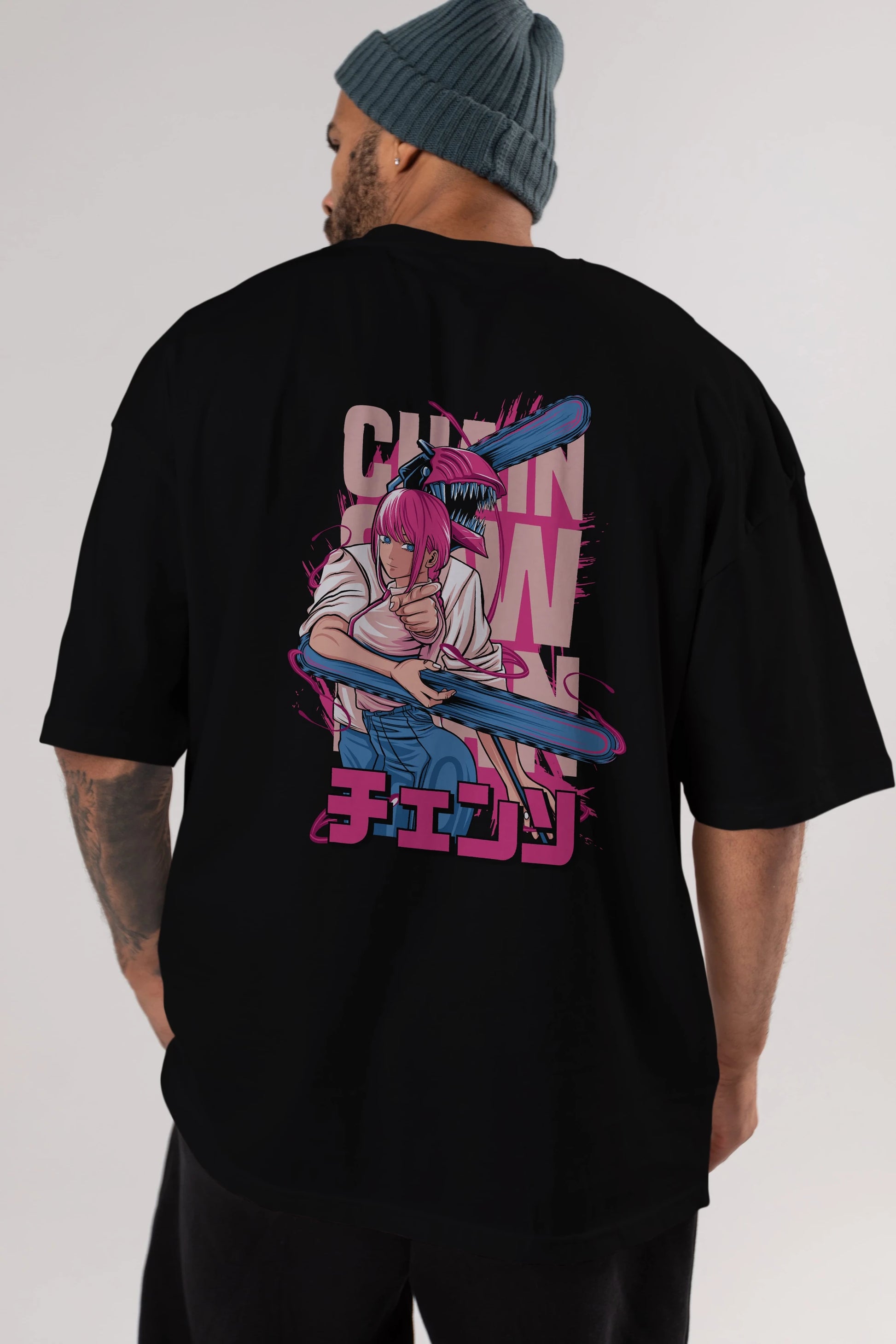 DENJI and MAKIMA Anime Arka Baskılı Oversize t-shirt Erkek Kadın Unisex
