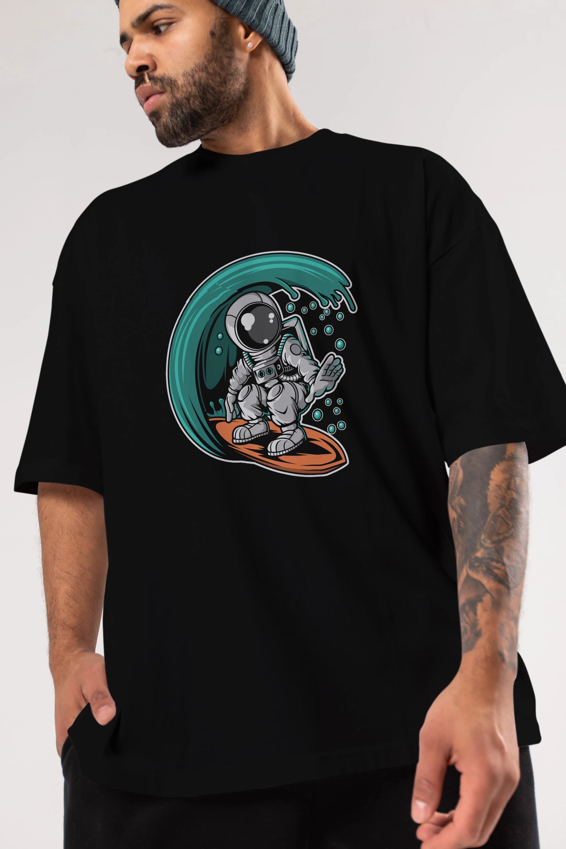 Astronaut Surfing Ön Baskılı Oversize t-shirt Erkek Kadın Unisex