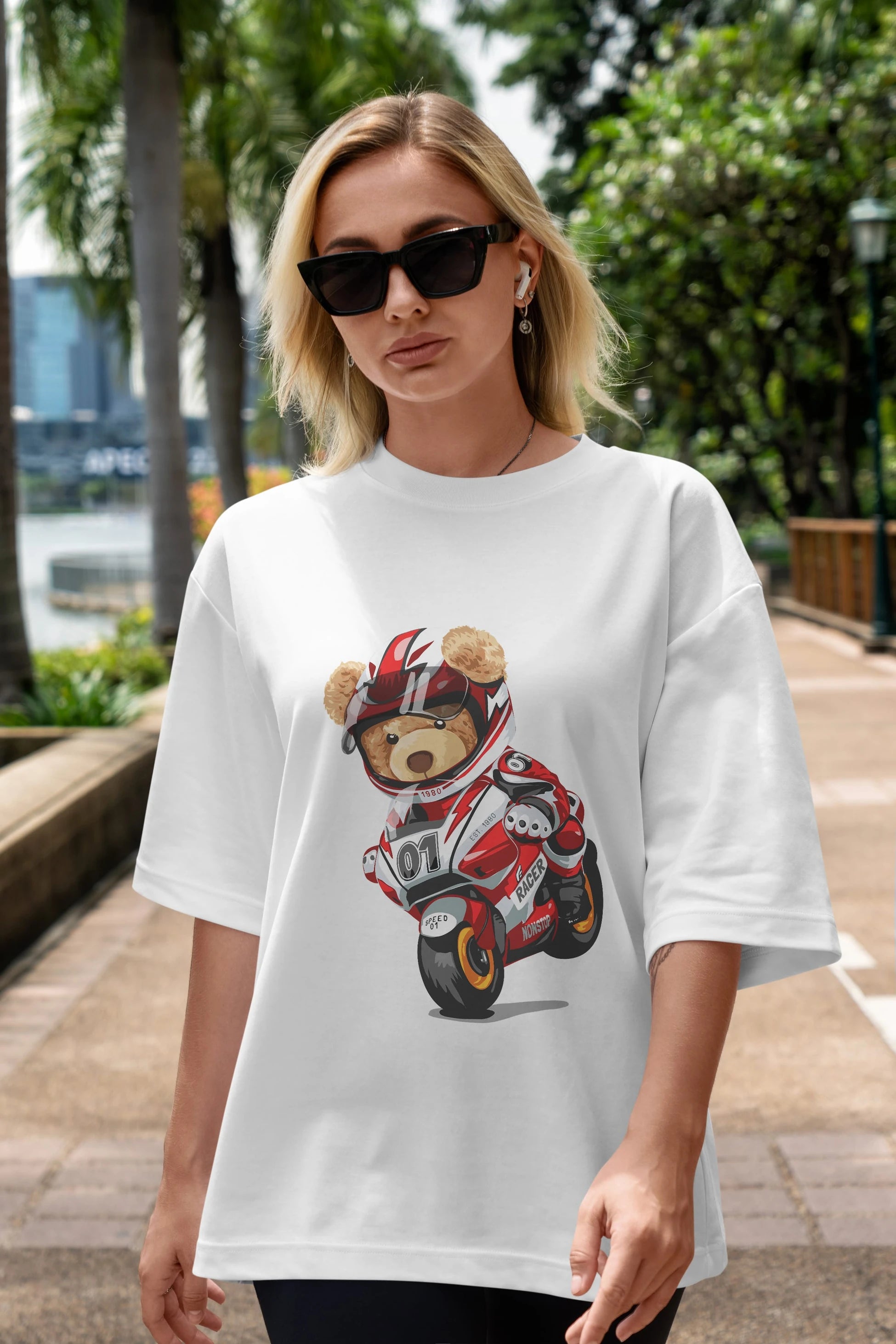 Teddy Bear Racer Ön Baskılı Oversize t-shirt Erkek Kadın Unisex %100 Pamuk