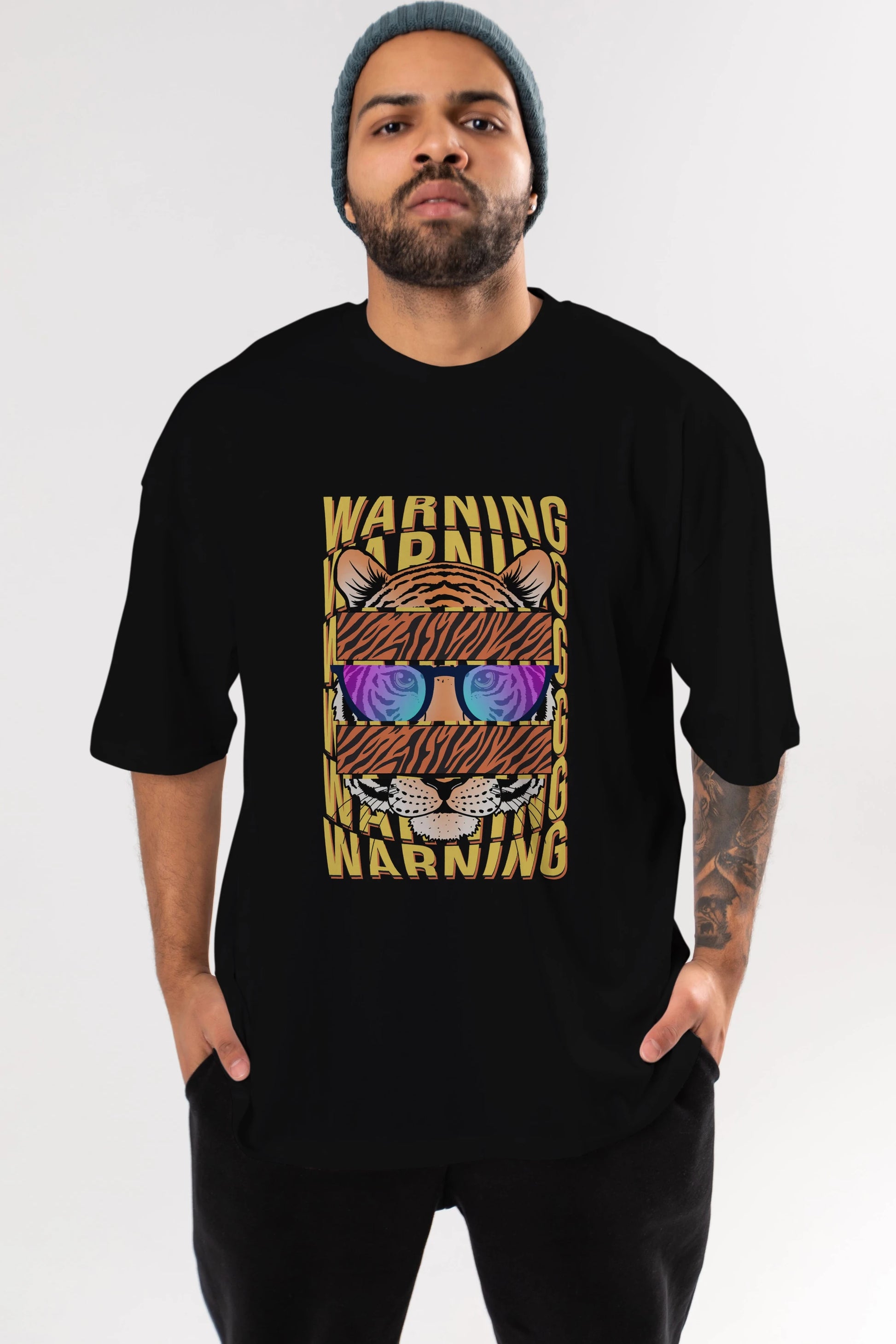 Warning Yazılı Ön Baskılı Oversize t-shirt Erkek Kadın Unisex