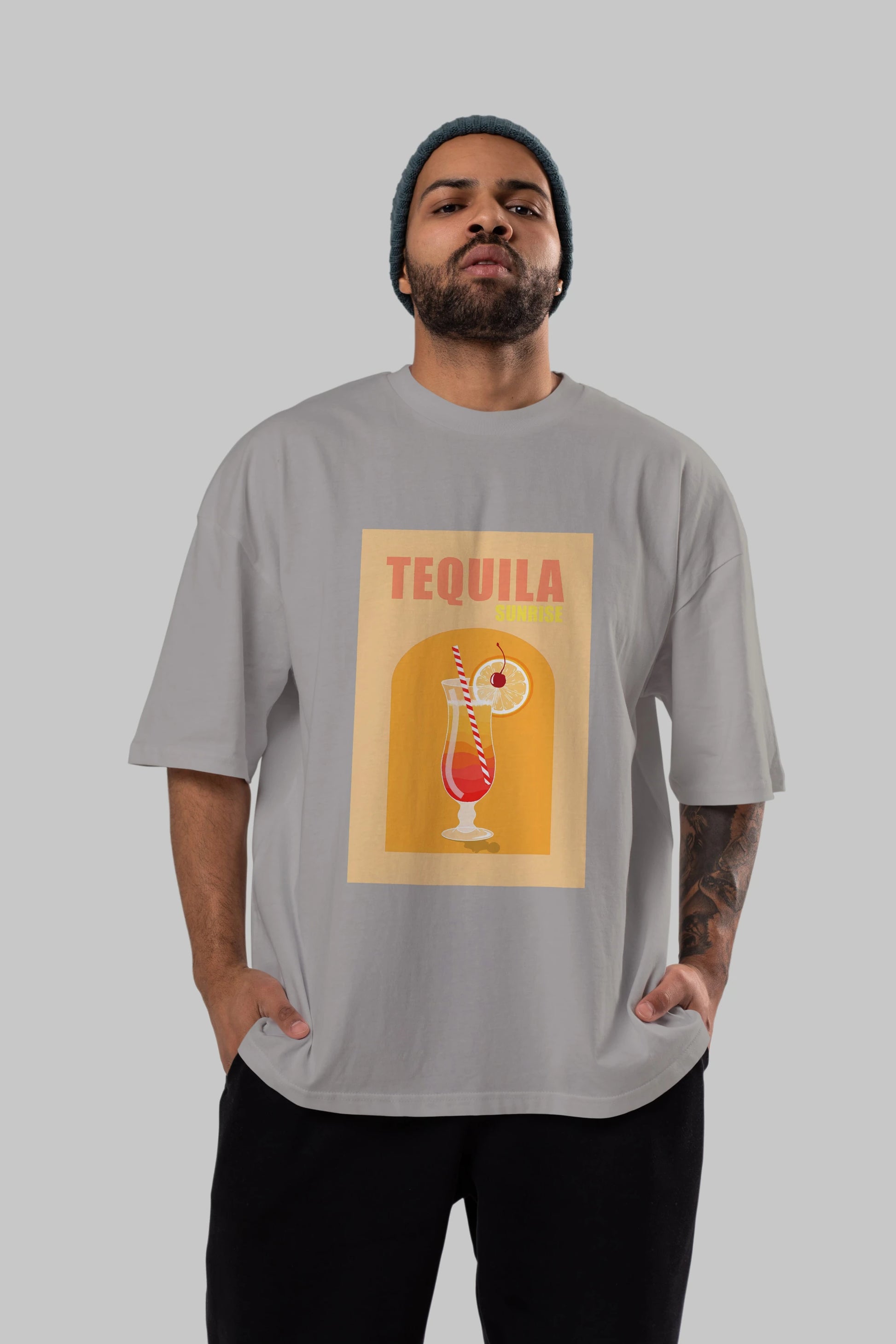 Tequila Sunrise Ön Baskılı Oversize t-shirt Erkek Kadın Unisex %100 Pamuk Bisiklet Yaka tişort
