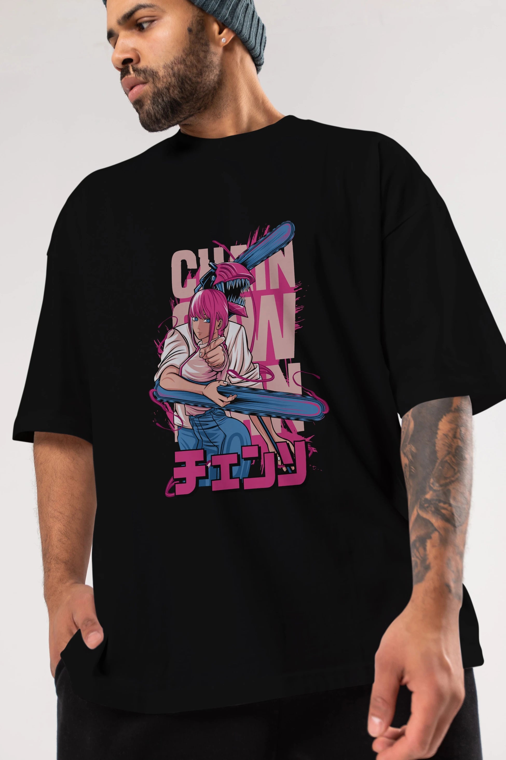 DENJI and MAKIMA Anime Ön Baskılı Oversize t-shirt %100 pamuk Erkek Kadın Unisex