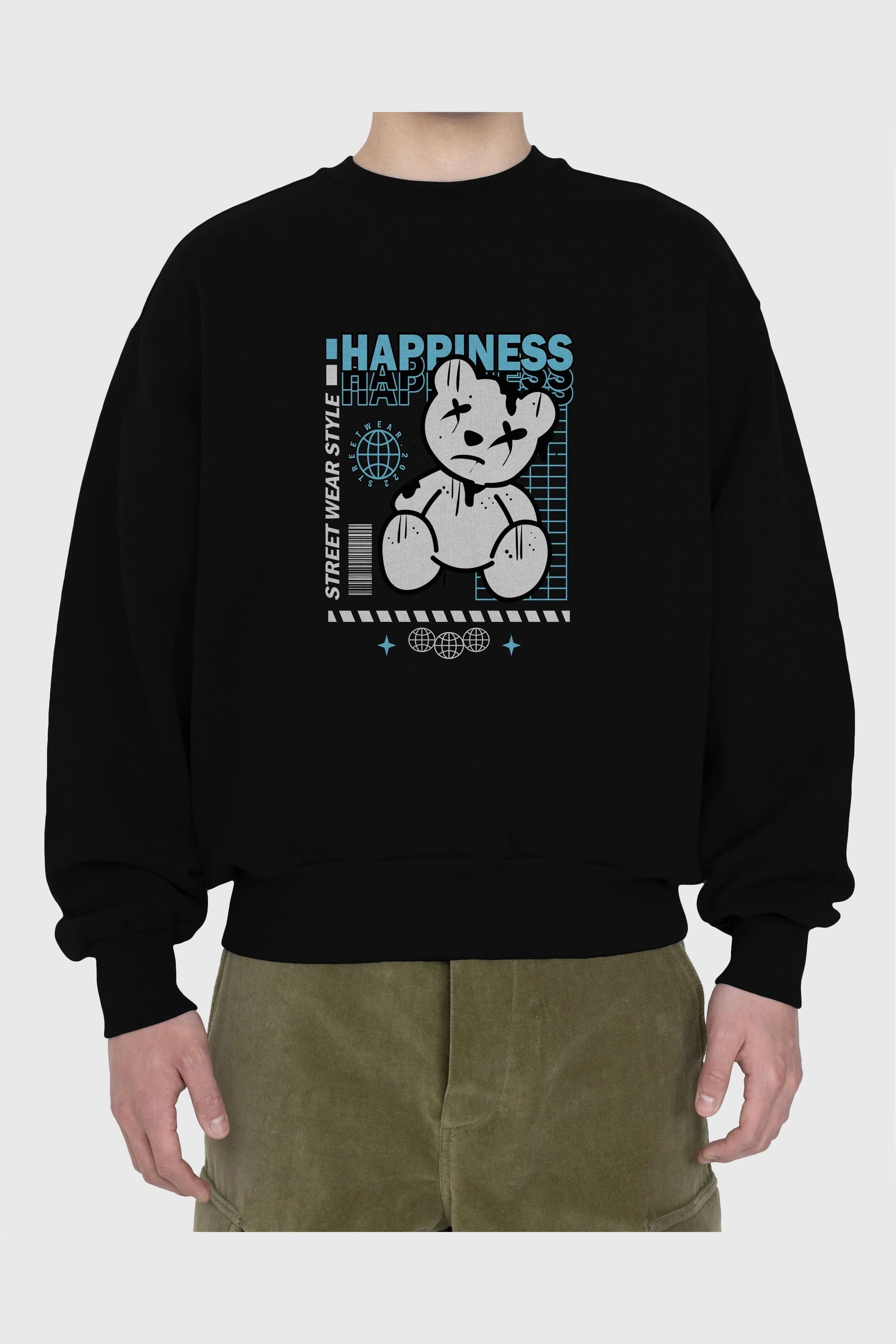 Happiness Bear 2 Ön Baskılı Oversize Sweatshirt Erkek Kadın Unisex