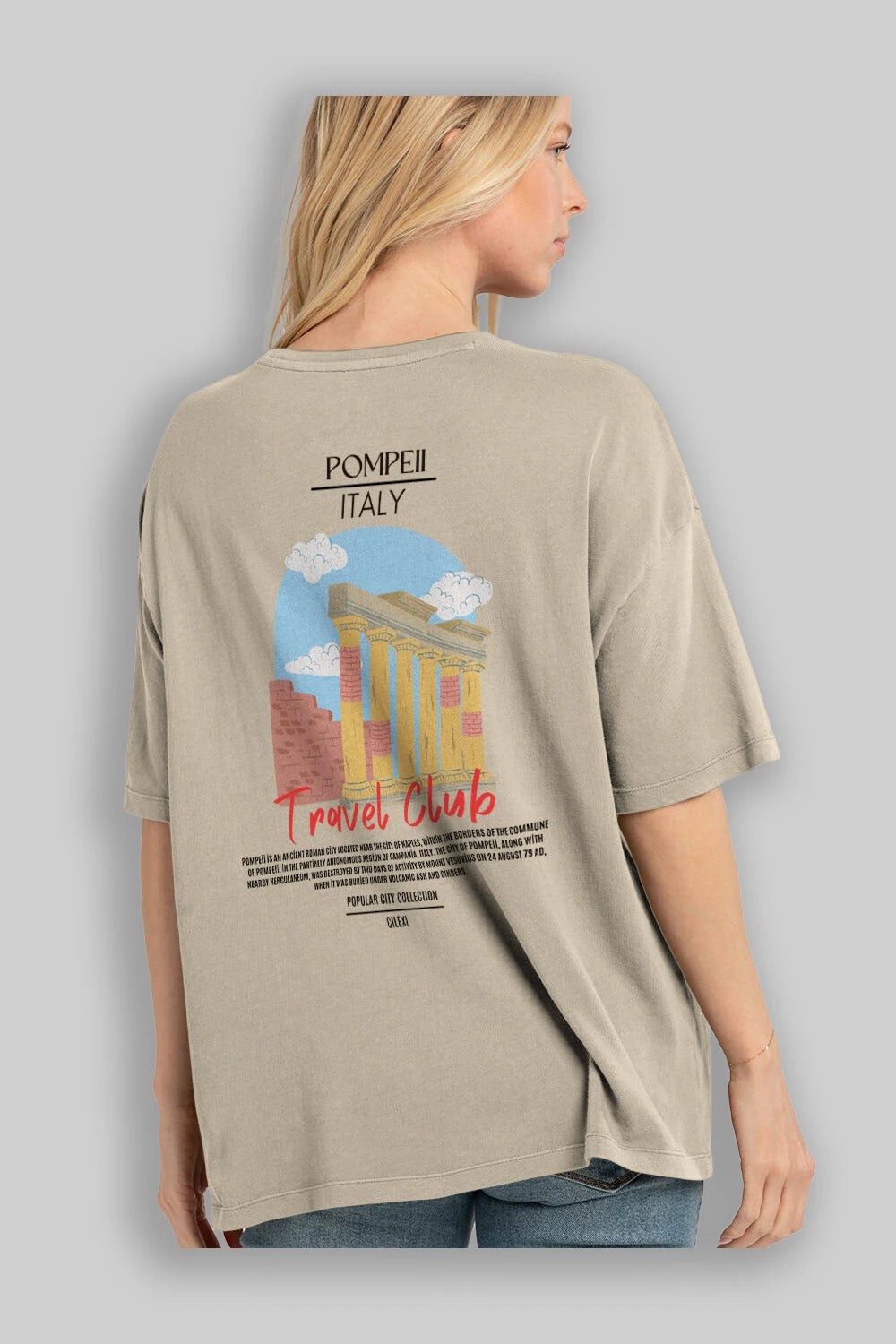 Pompeii İtaly Arka Baskılı Oversize t-shirt Erkek Kadın Pamuk Bisiklet Yaka tişort
