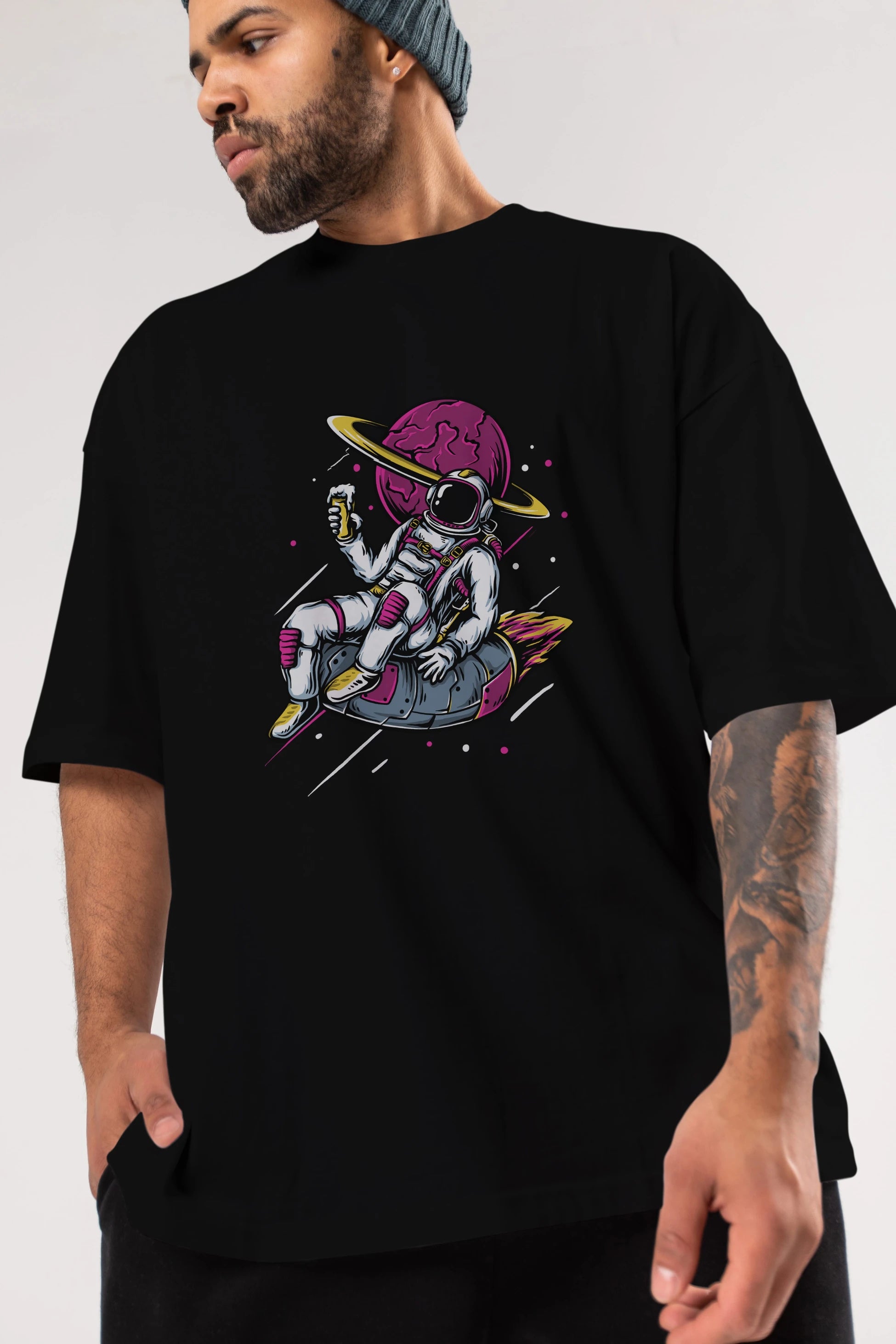 Astronaut Beer Ön Baskılı Oversize t-shirt Erkek Kadın Unisex