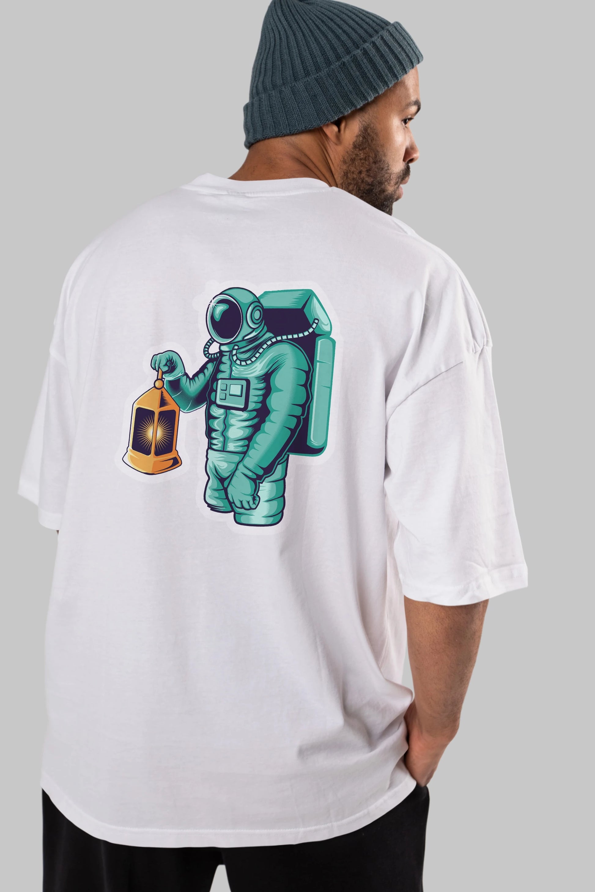 Astronaut Lantern Sticker Arka Baskılı Oversize t-shirt Erkek Kadın Unisex