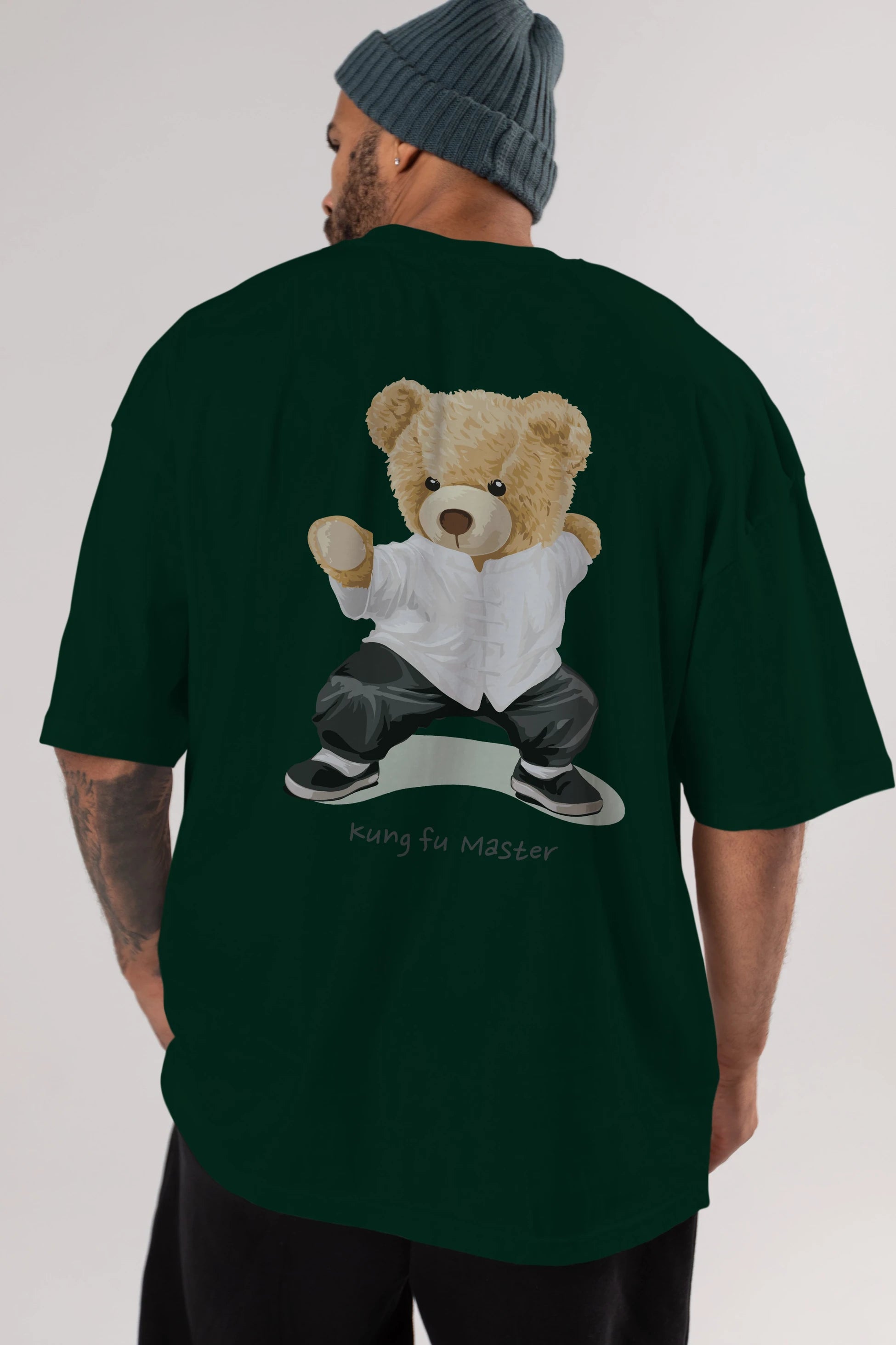 Teddy Bear Kung Fu Master Arka Baskılı Oversize t-shirt Erkek Kadın Unisex %100 Pamuk