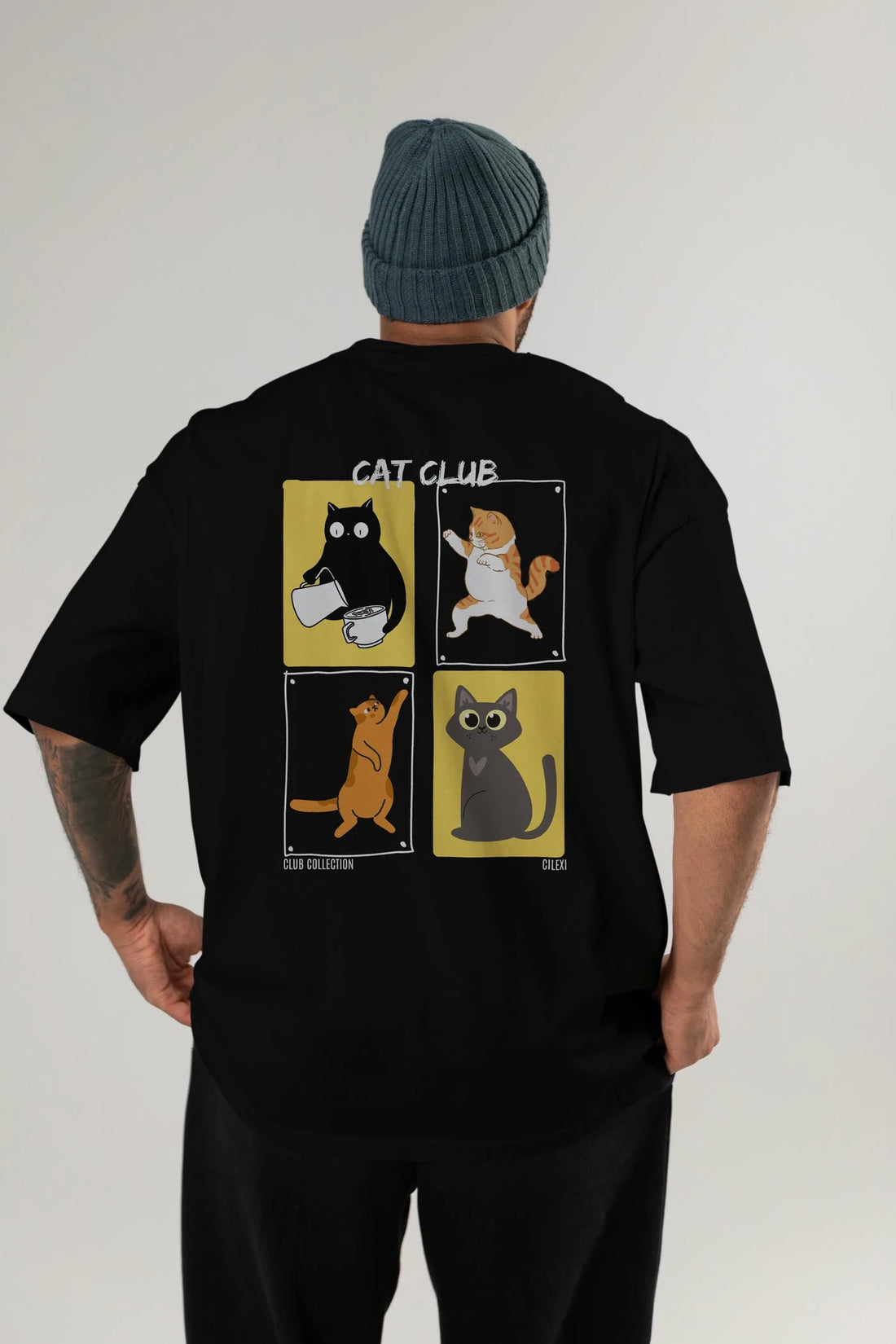 Cat Club Arka Baskılı Oversize t-shirt Erkek Kadın %100 Pamuk Bisiklet Yaka tişort