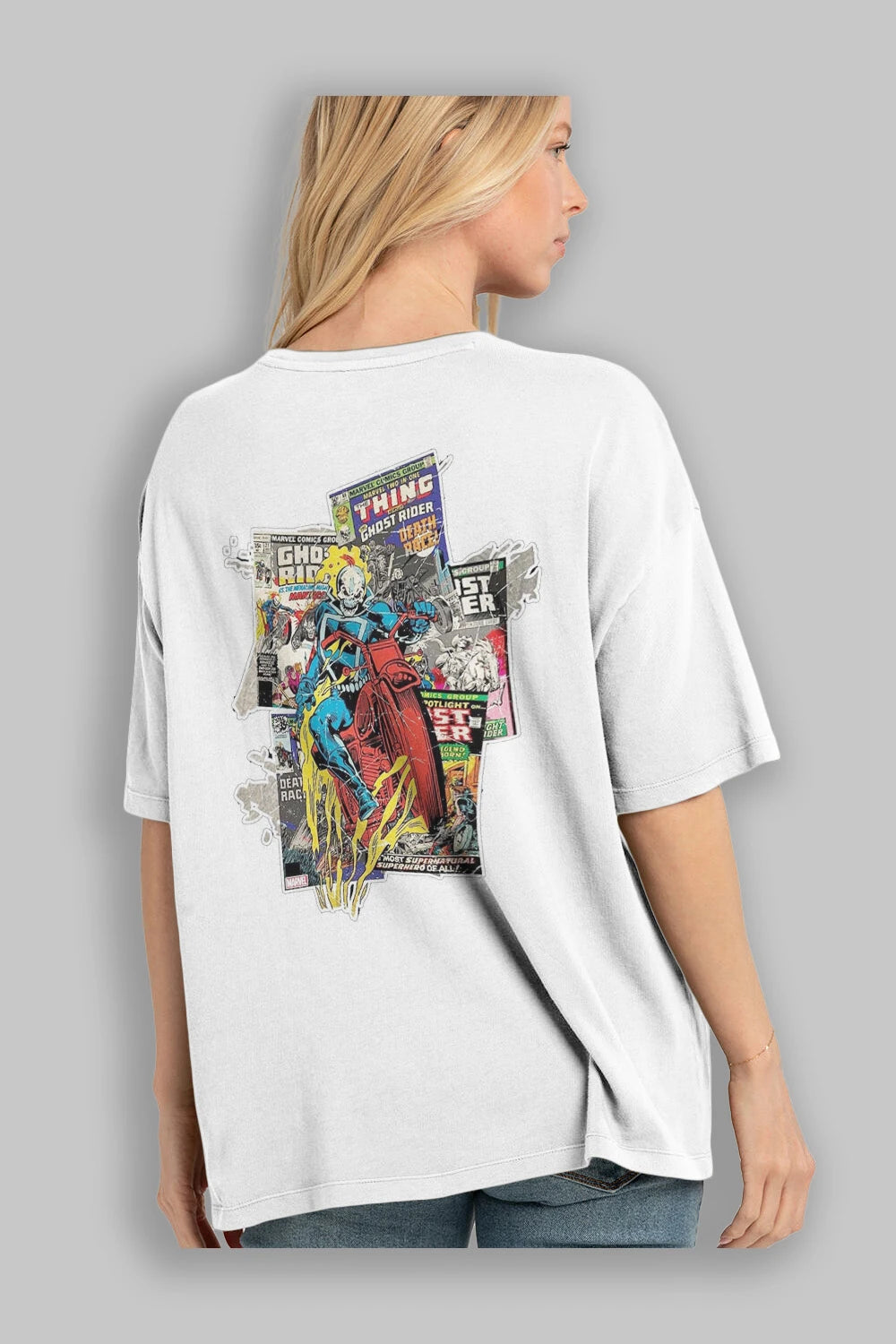 Ghost Rider Arka Baskılı Oversize t-shirt Erkek Kadın Unisex %100 Pamuk Bisiklet Yaka tişort