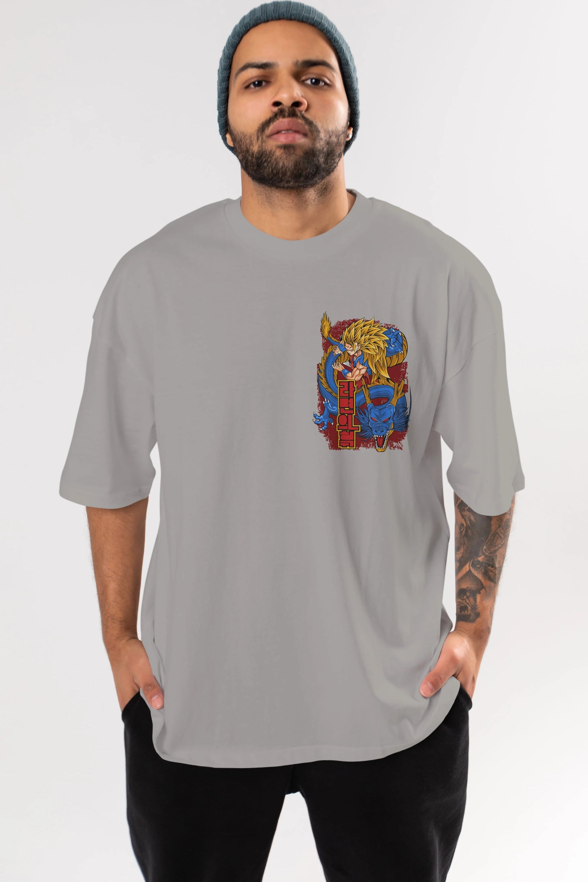 DRAGON BALL Z Ön Sol Baskılı Oversize t-shirt Erkek Kadın Unisex %100 Pamuk Bisiklet Yaka tişort
