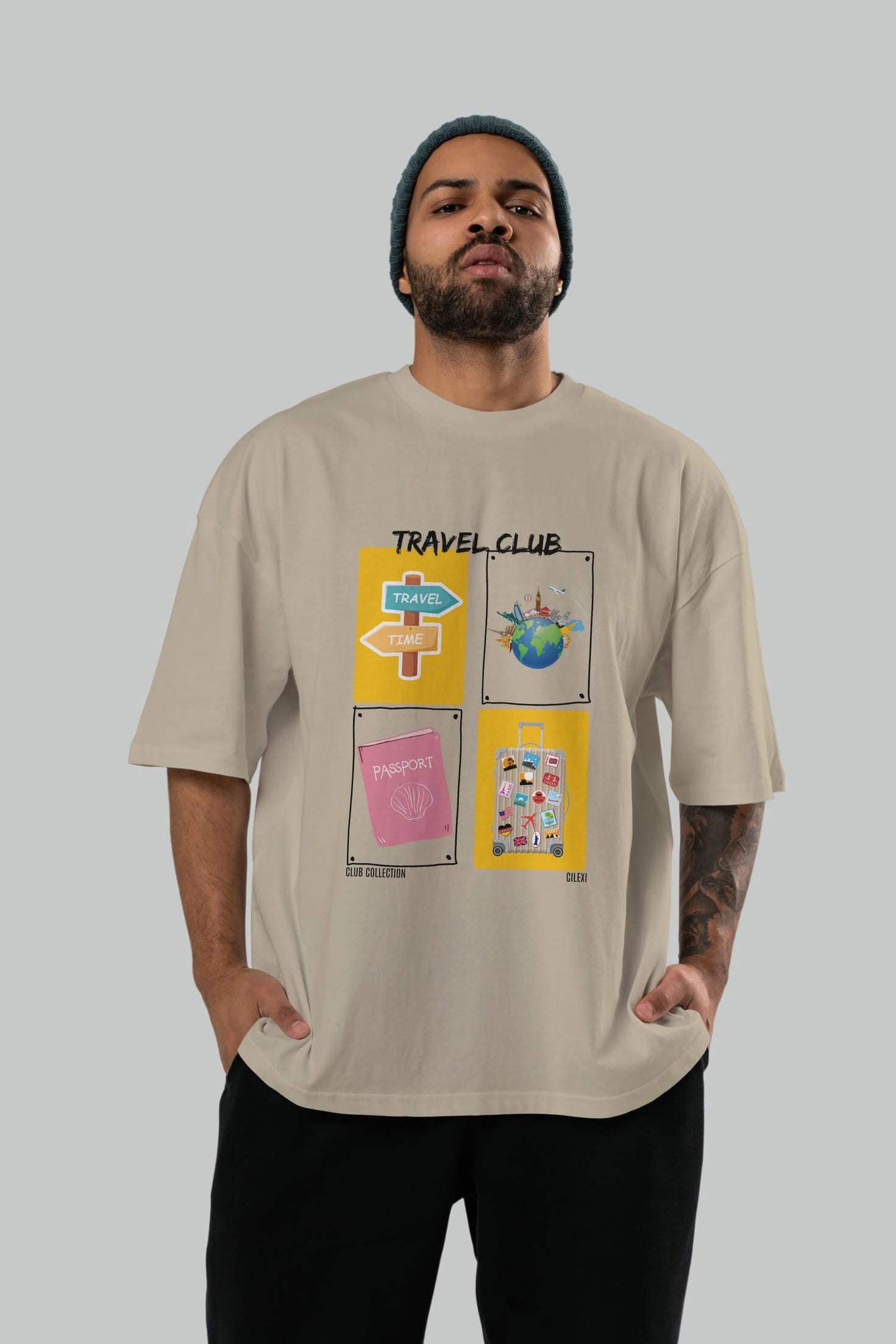 Travel Club ön Baskılı Oversize t-shirt Erkek Kadın %100 Pamuk Bisiklet Yaka tişort