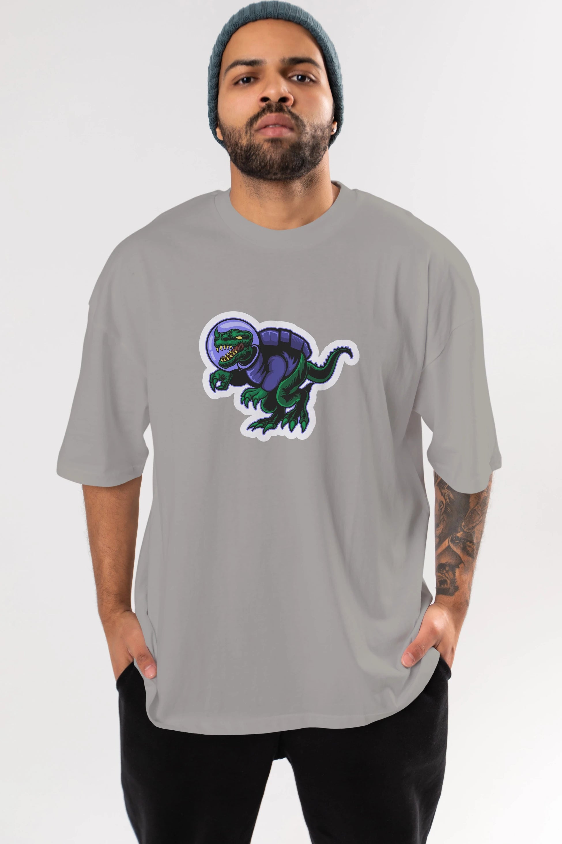 Space Dino Sticker Ön Baskılı Oversize t-shirt Erkek Kadın Unisex