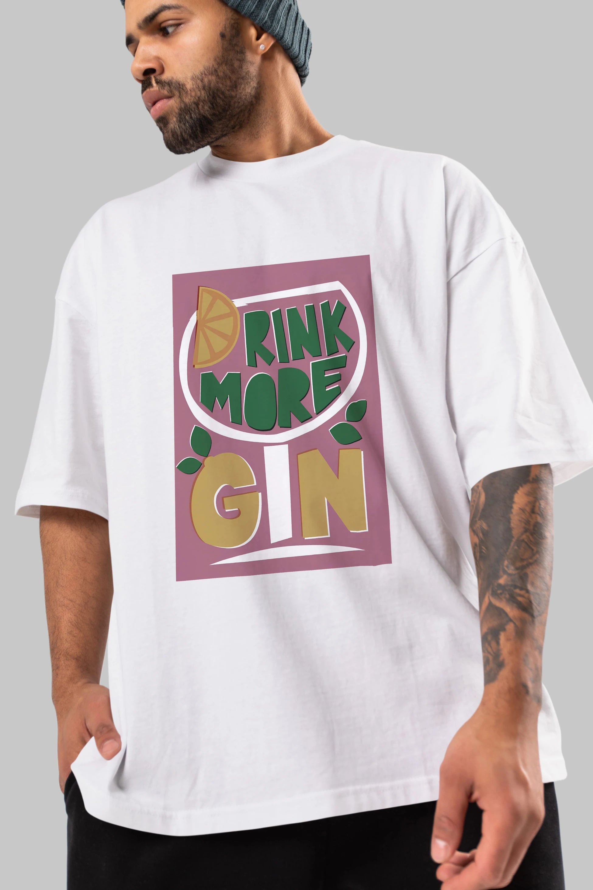 Drink More Gin Ön Baskılı Oversize t-shirt Erkek Kadın Unisex %100 Pamuk Bisiklet Yaka tişort