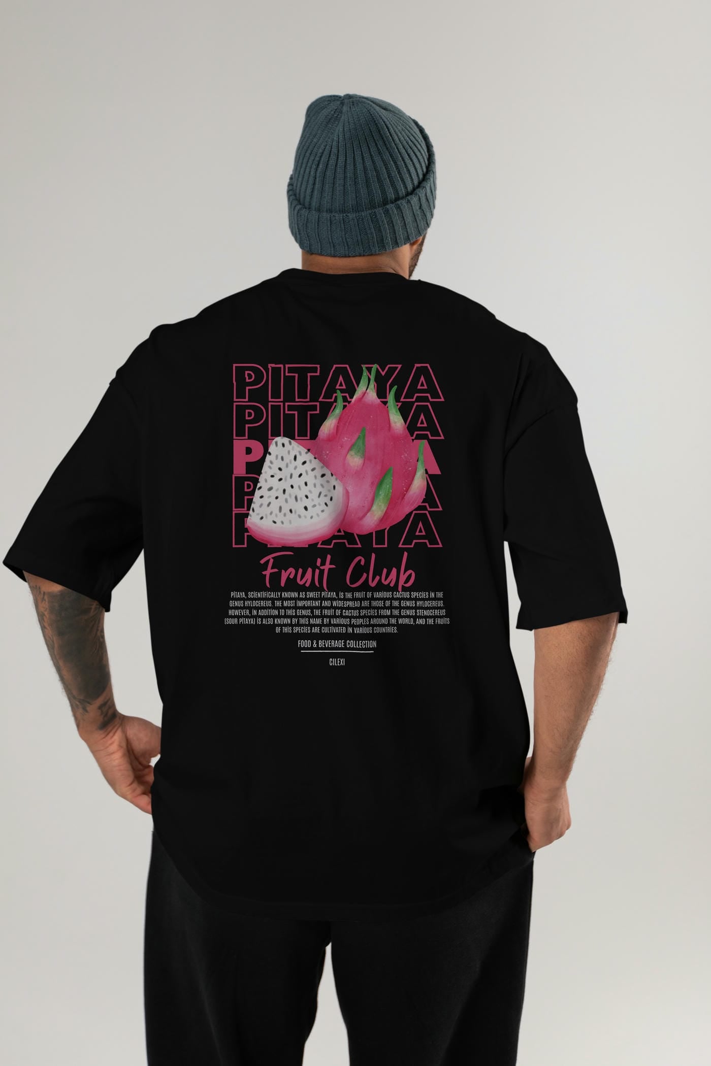Pitaya Arka Baskılı Oversize t-shirt Erkek Kadın Pamuk Bisiklet Yaka tişort